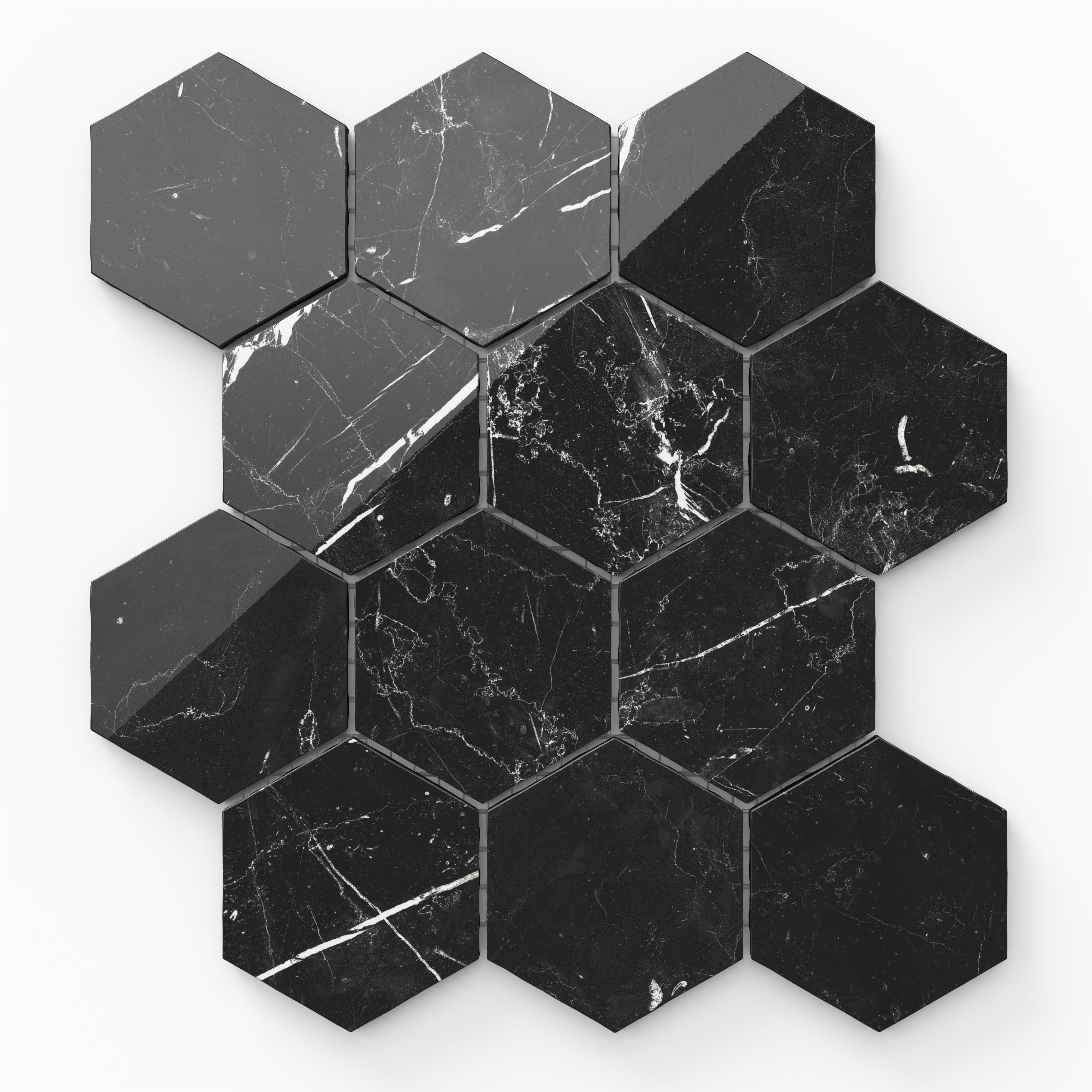 Leona 3x3 Polished Porcelain Hexagon Mosaic Tile in Nero Marquina