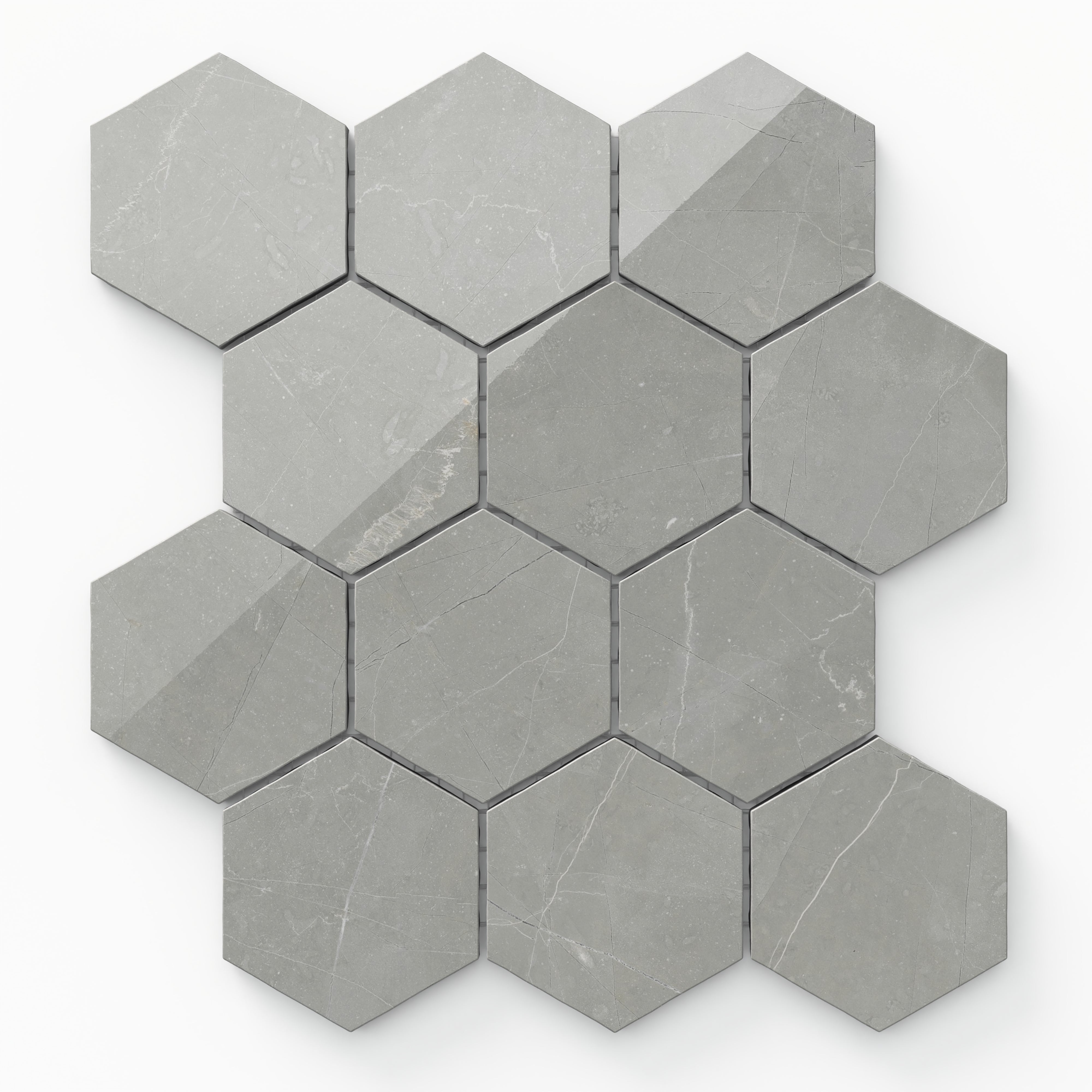 Leona 3x3 Polished Porcelain Hexagon Mosaic Tile in Amani Grey