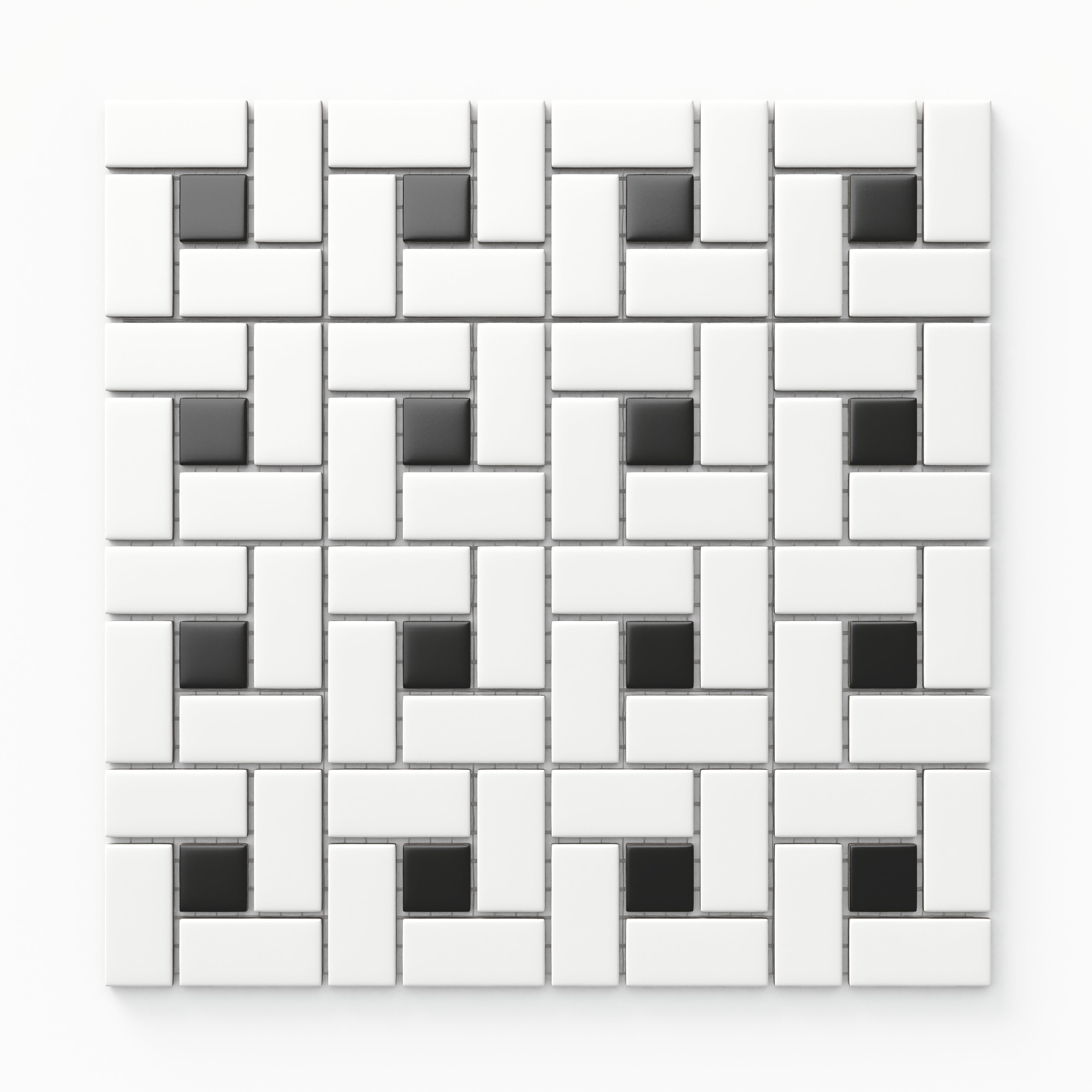 The pinwheel mosaic tiles in matte black and white deliver a balanced, timeless look, making them a perfect choice for any space, whether you're aiming for a classic or modern vibe.