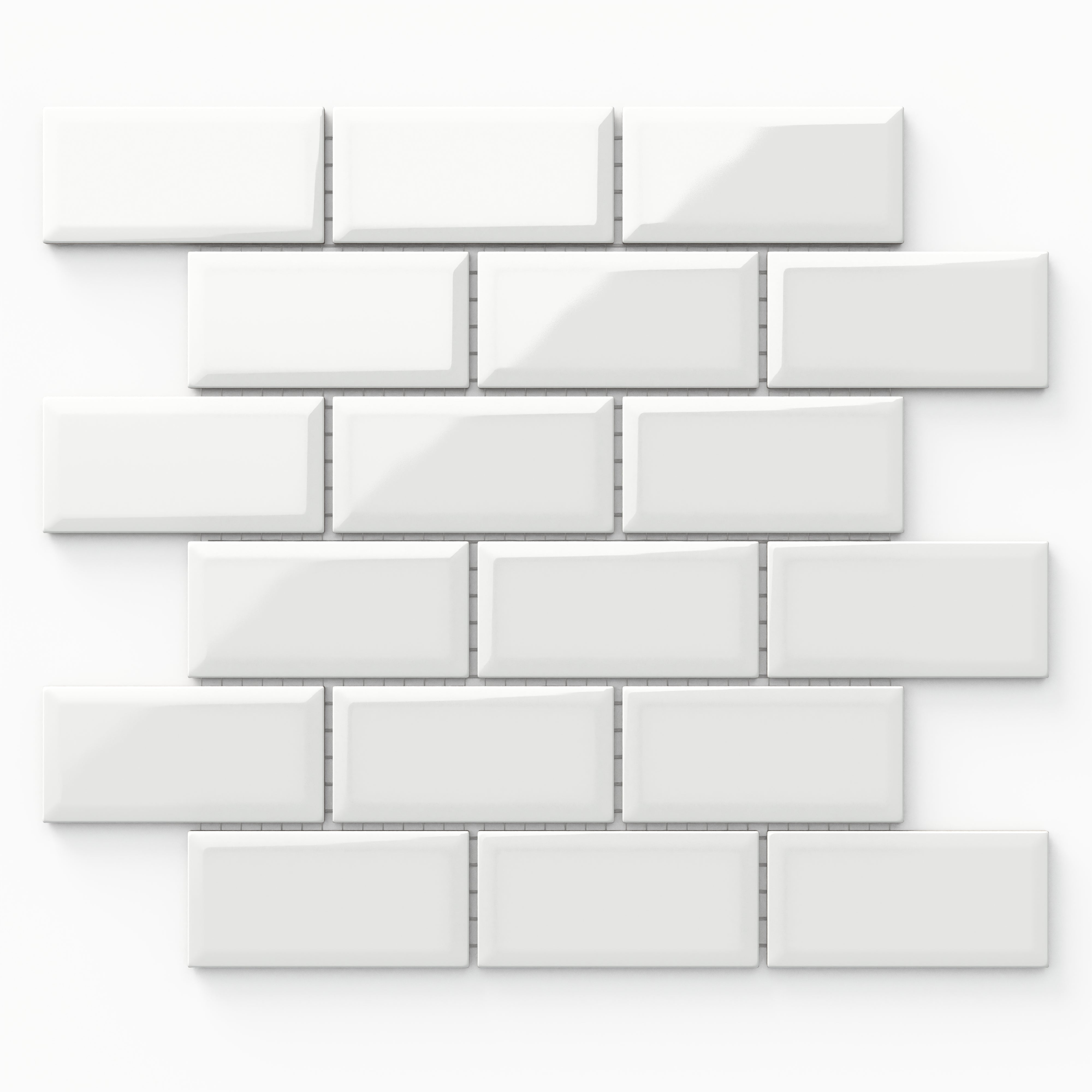 Maggie 12x12 Glossy Porcelain 2x4 Brick Beveled Mosaic Tile in White