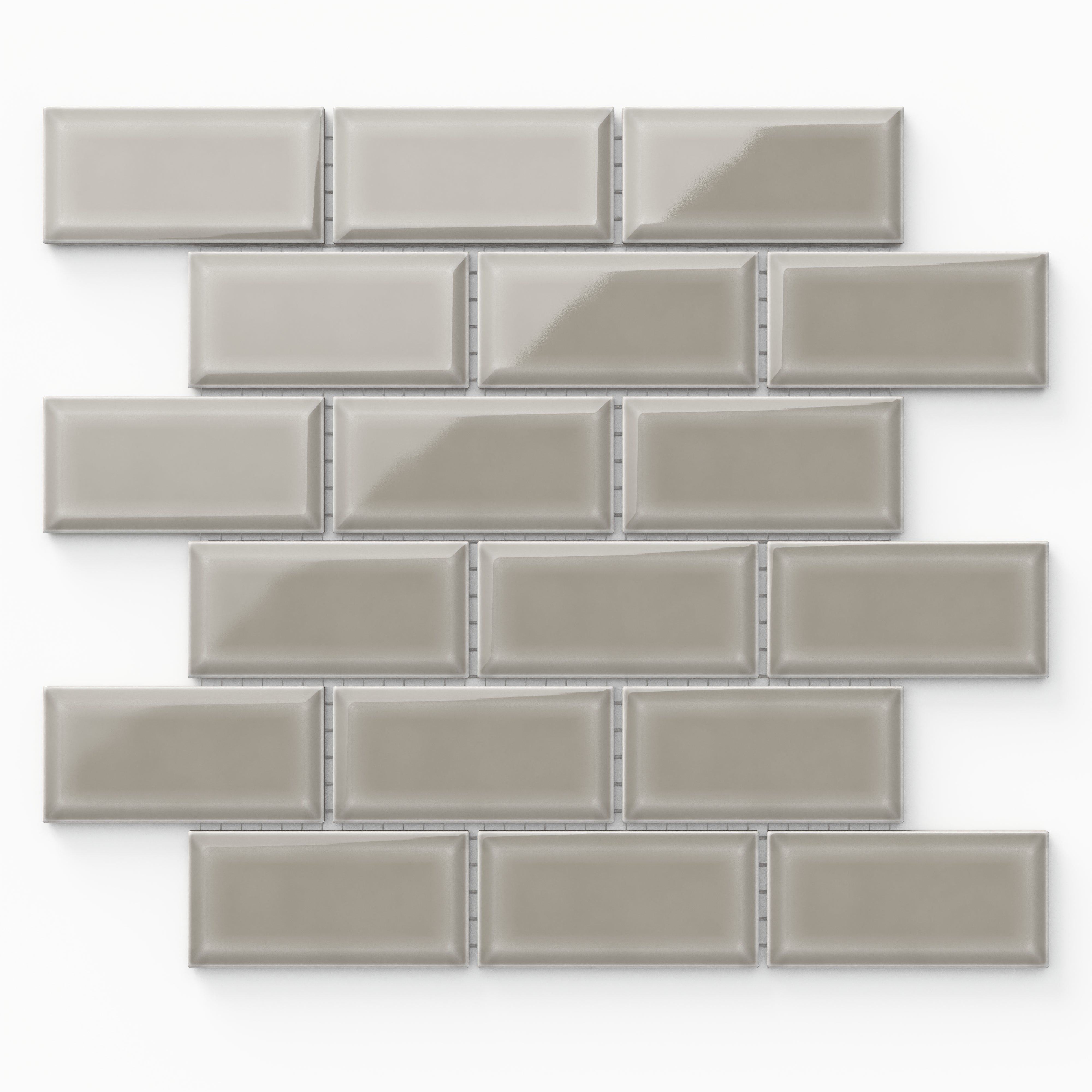 Maggie 12x12 Glossy Porcelain 2x4 Brick Beveled Mosaic Tile in Taupe