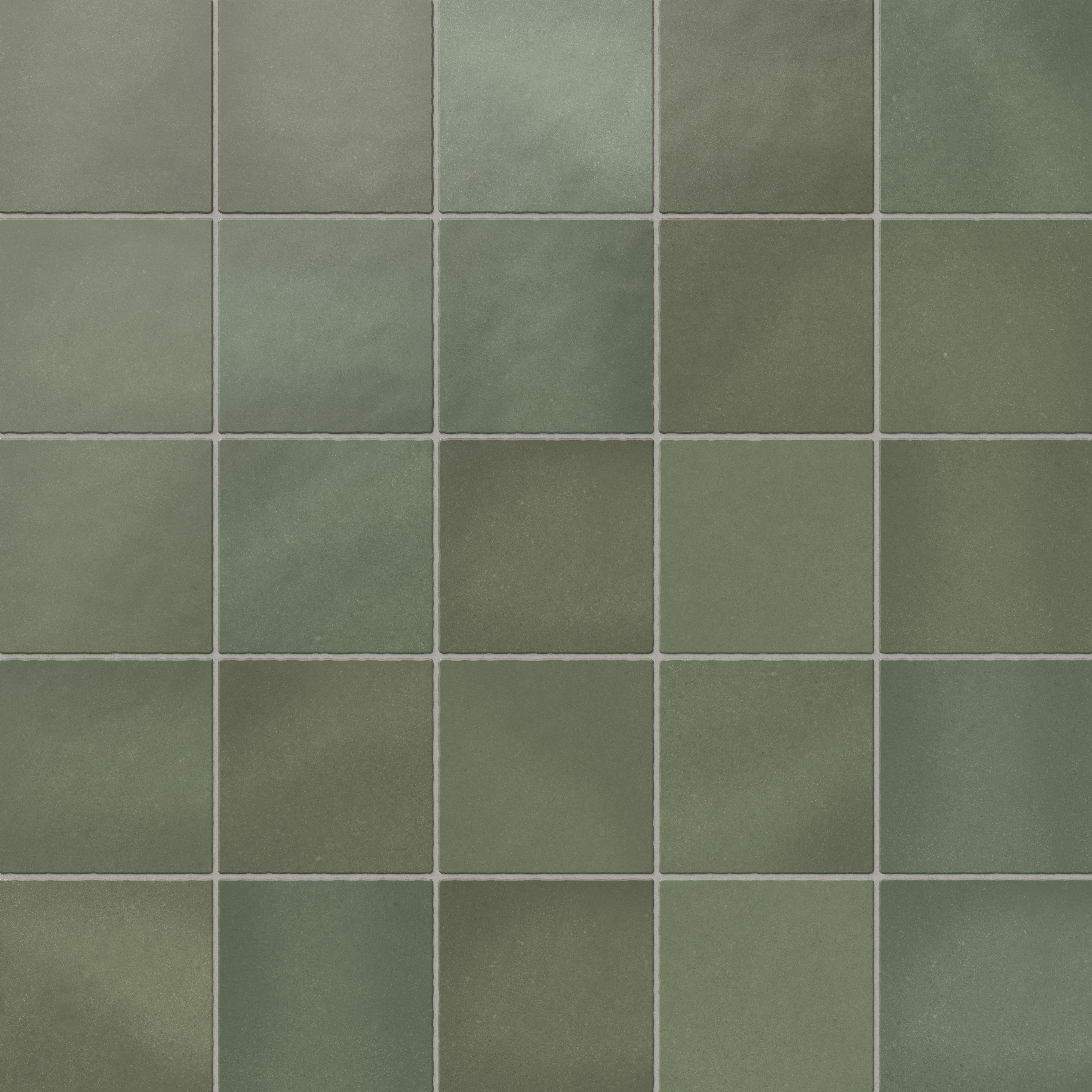 Deep moss green 5x5 matte square tiles with a smooth surface and rich tonal variation, adding natural elegance to any space