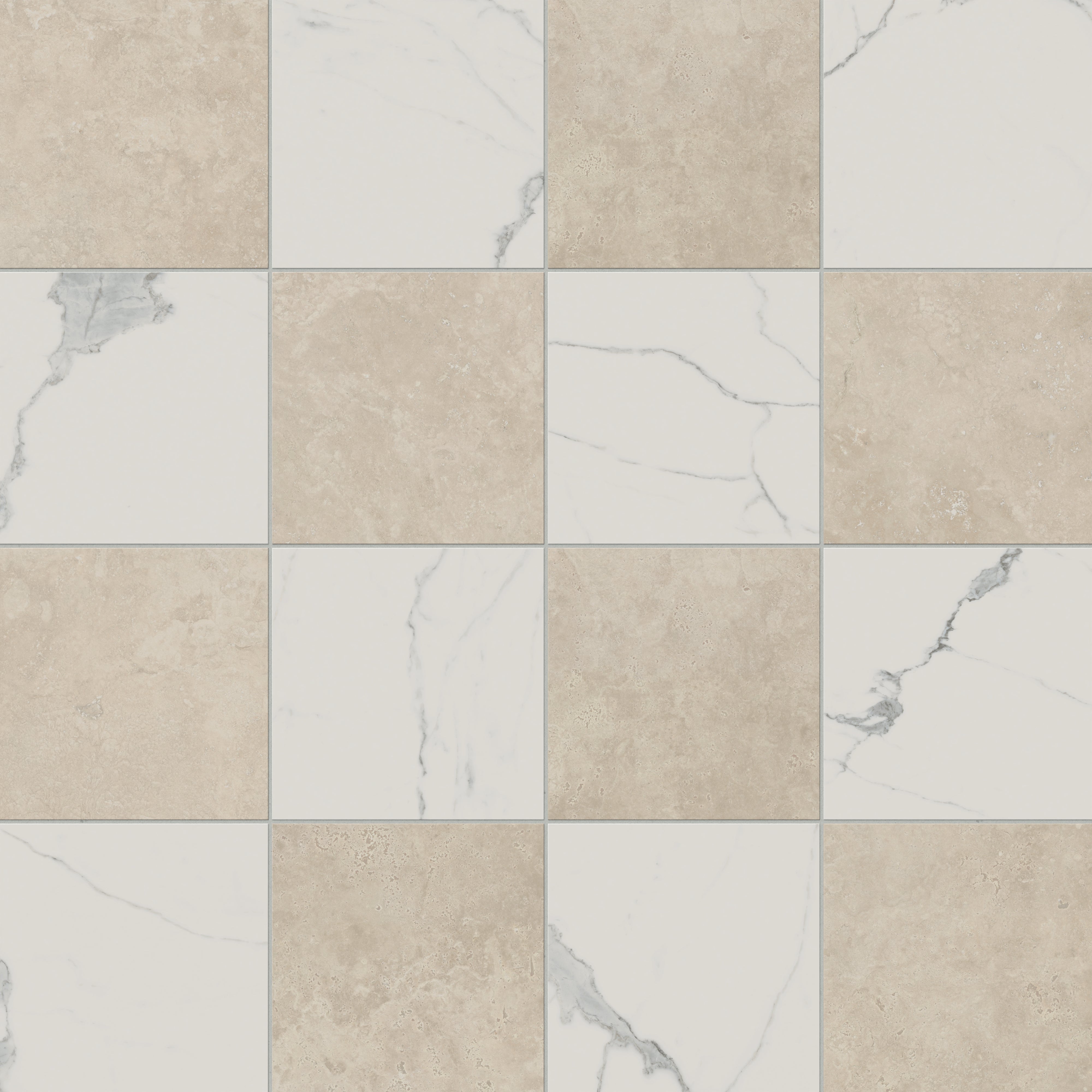 Leona 12x12 Checkerboard Matte Porcelain Tile in Calacatta and Marfil