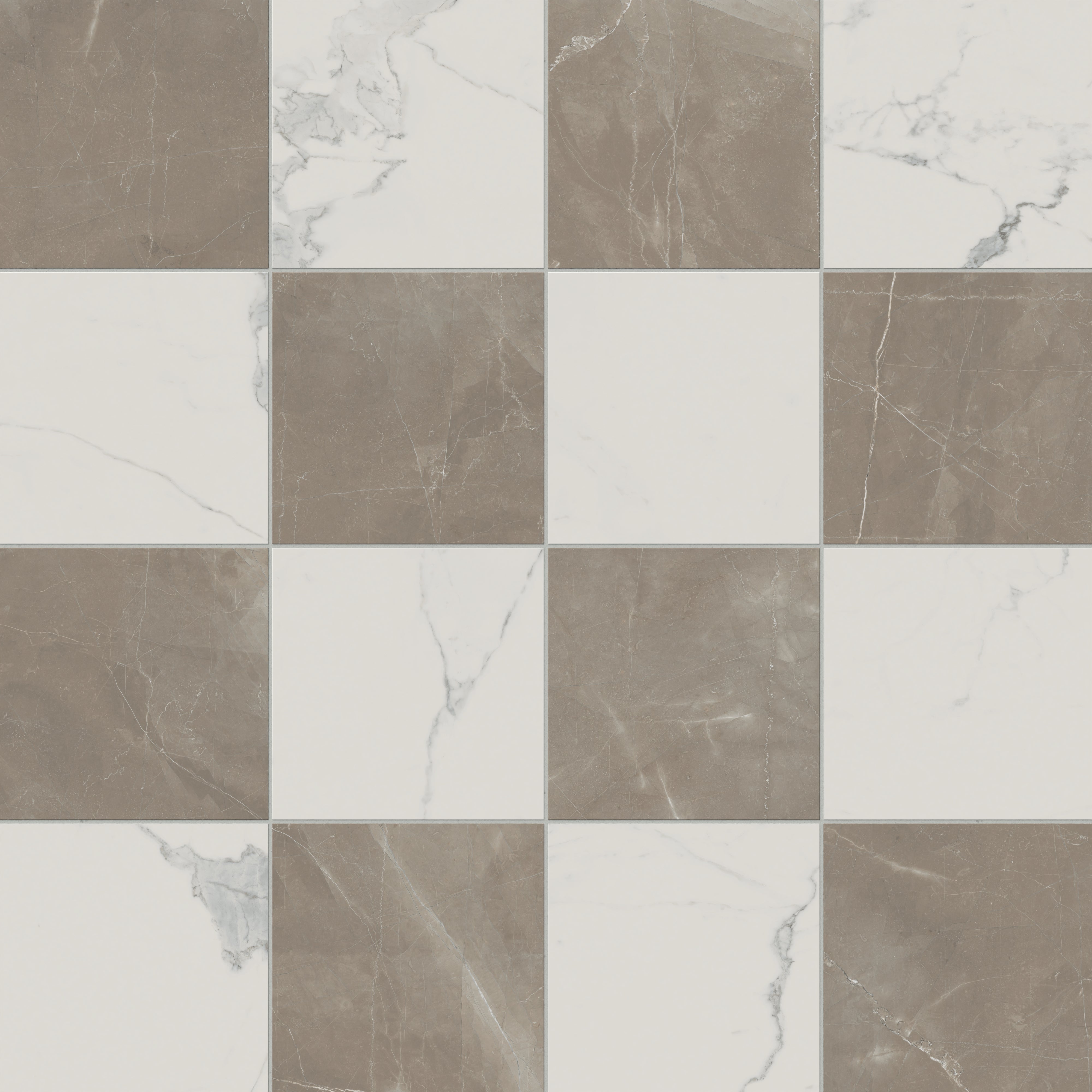 Leona 12x12 Checkerboard Matte Porcelain Tile in Calacatta and Amani Bronze