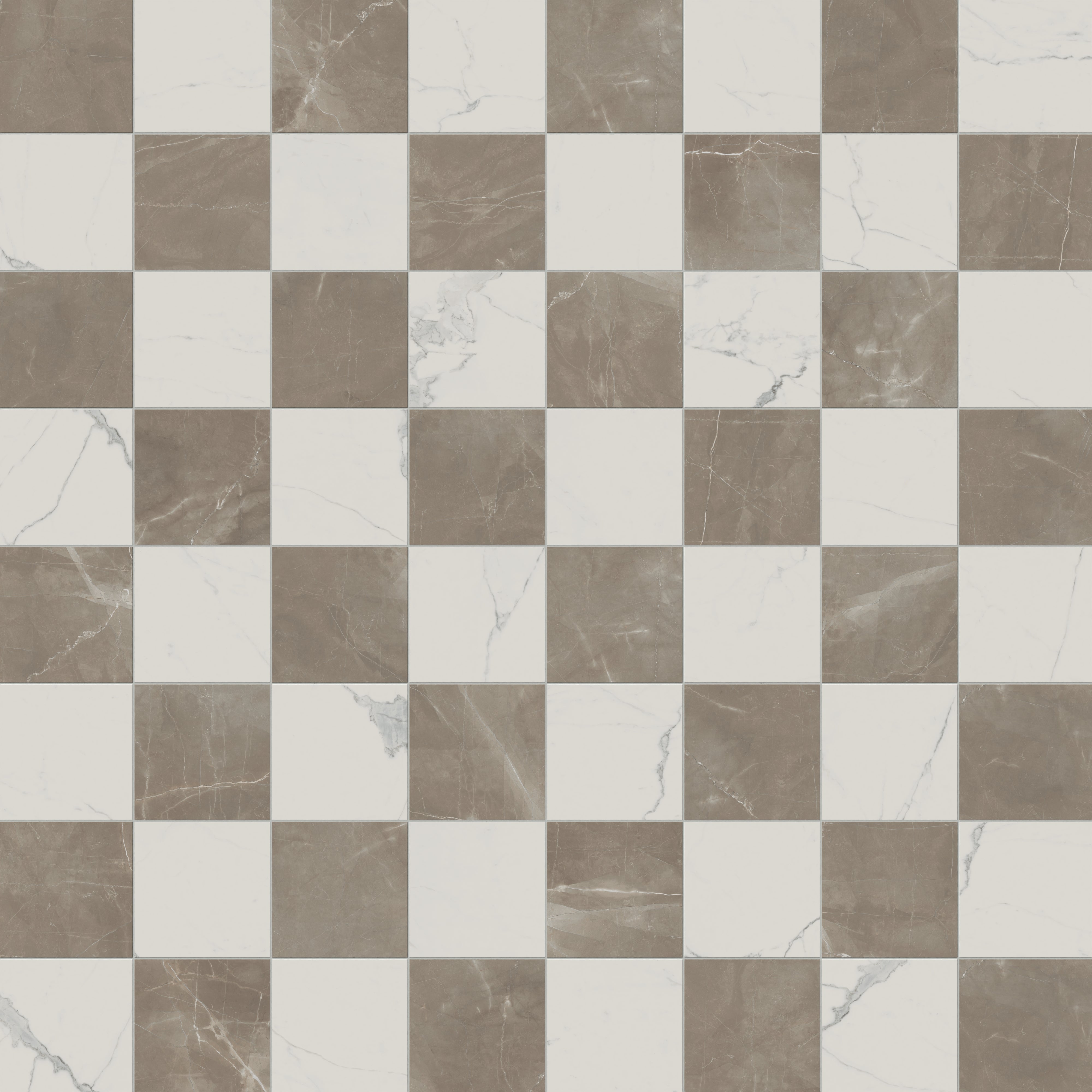 Leona 12x12 Checkerboard Matte Porcelain Tile in Calacatta and Amani Bronze