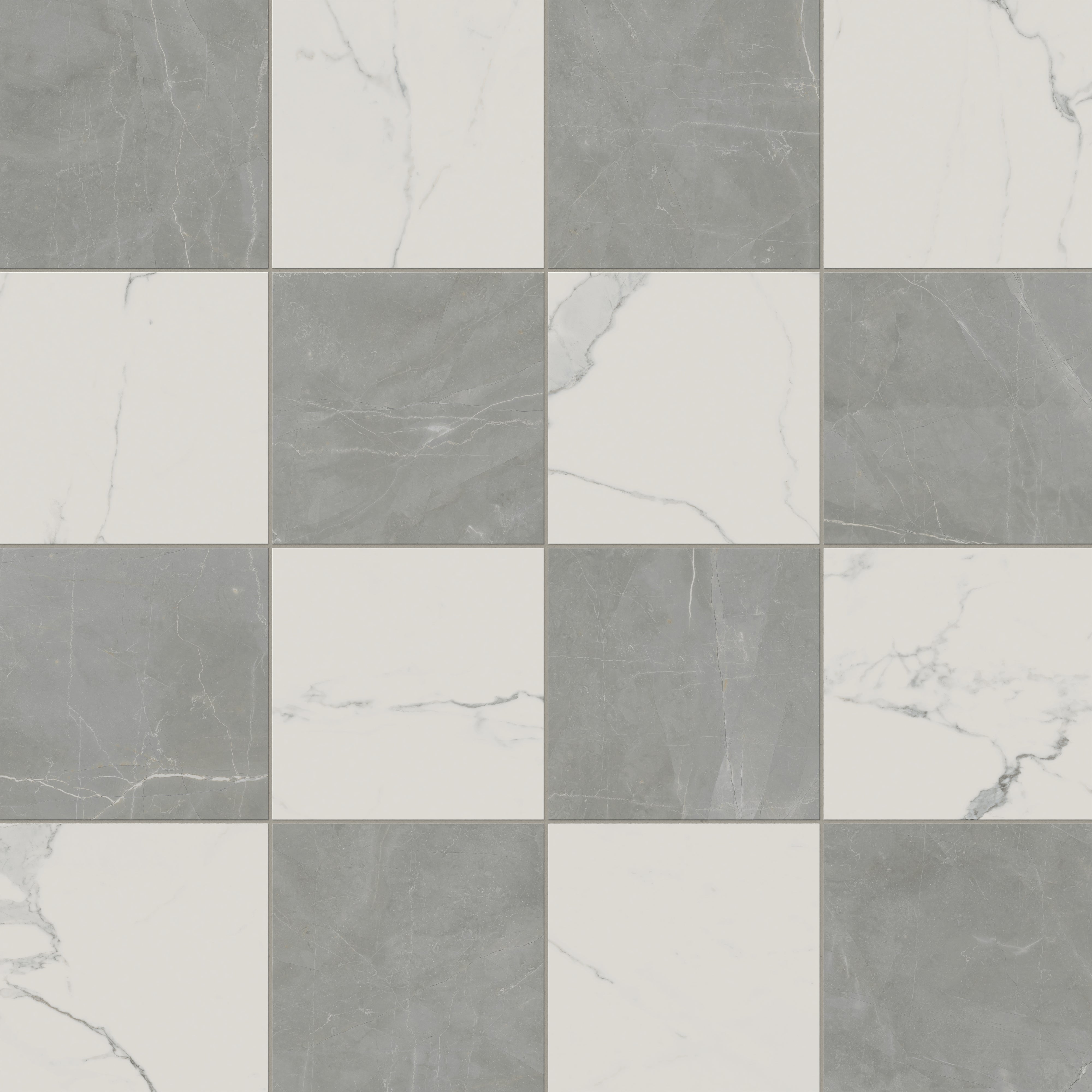 Leona 12x12 Checkerboard Matte Porcelain Tile in Calacatta and Amani Grey