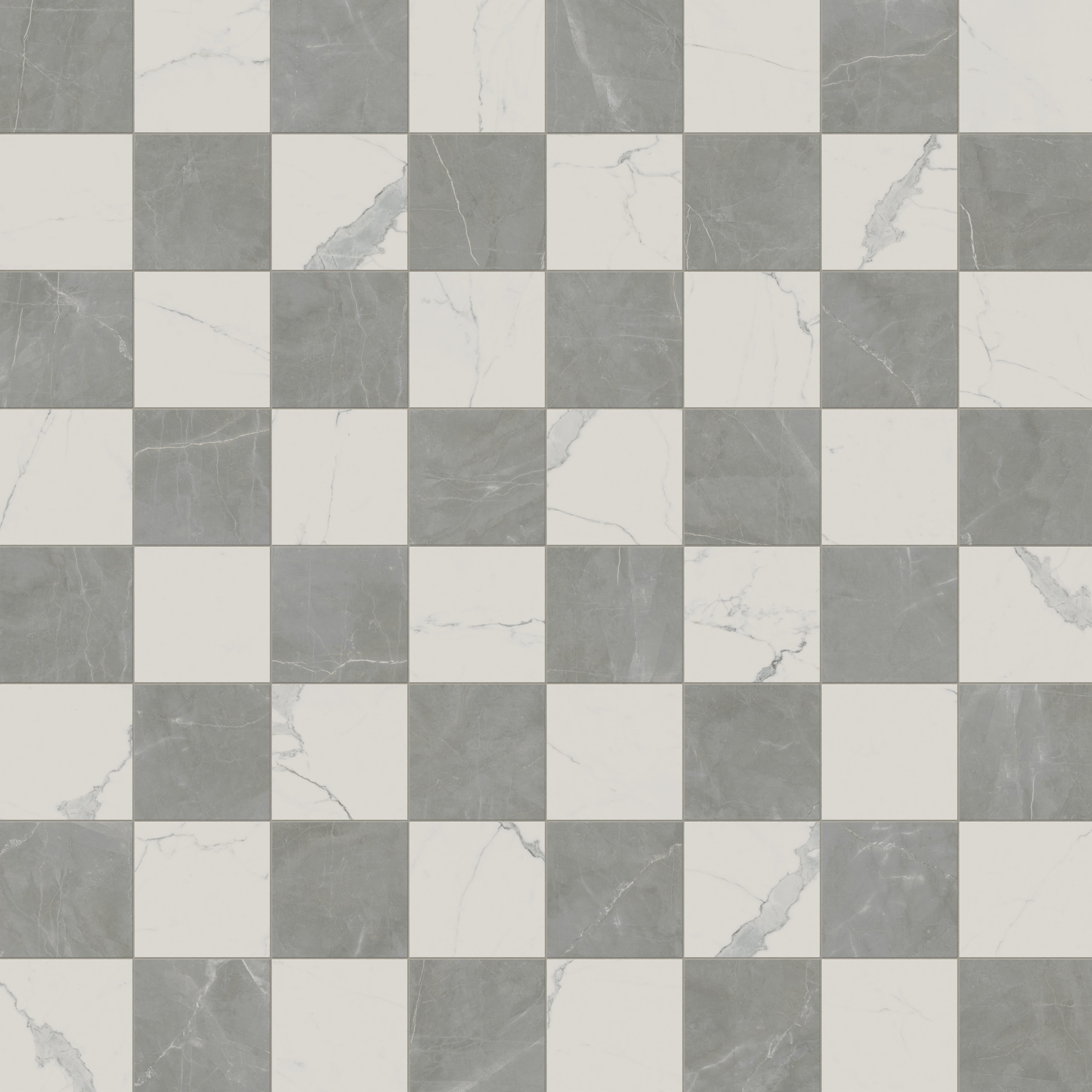 Leona 12x12 Checkerboard Matte Porcelain Tile in Calacatta and Amani Grey