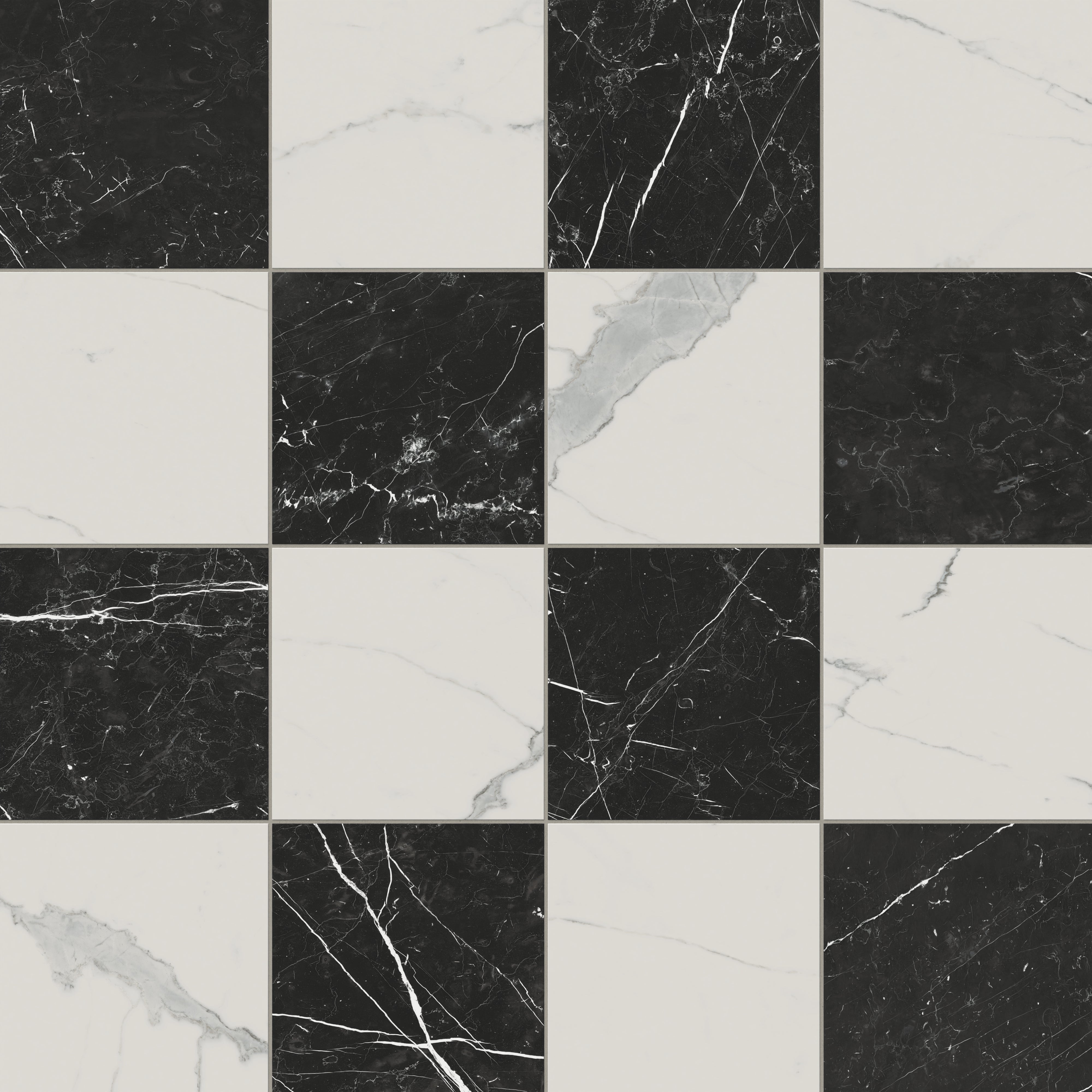 Leona 12x12 Checkerboard Matte Porcelain Tile in Calacatta and Nero Marquina