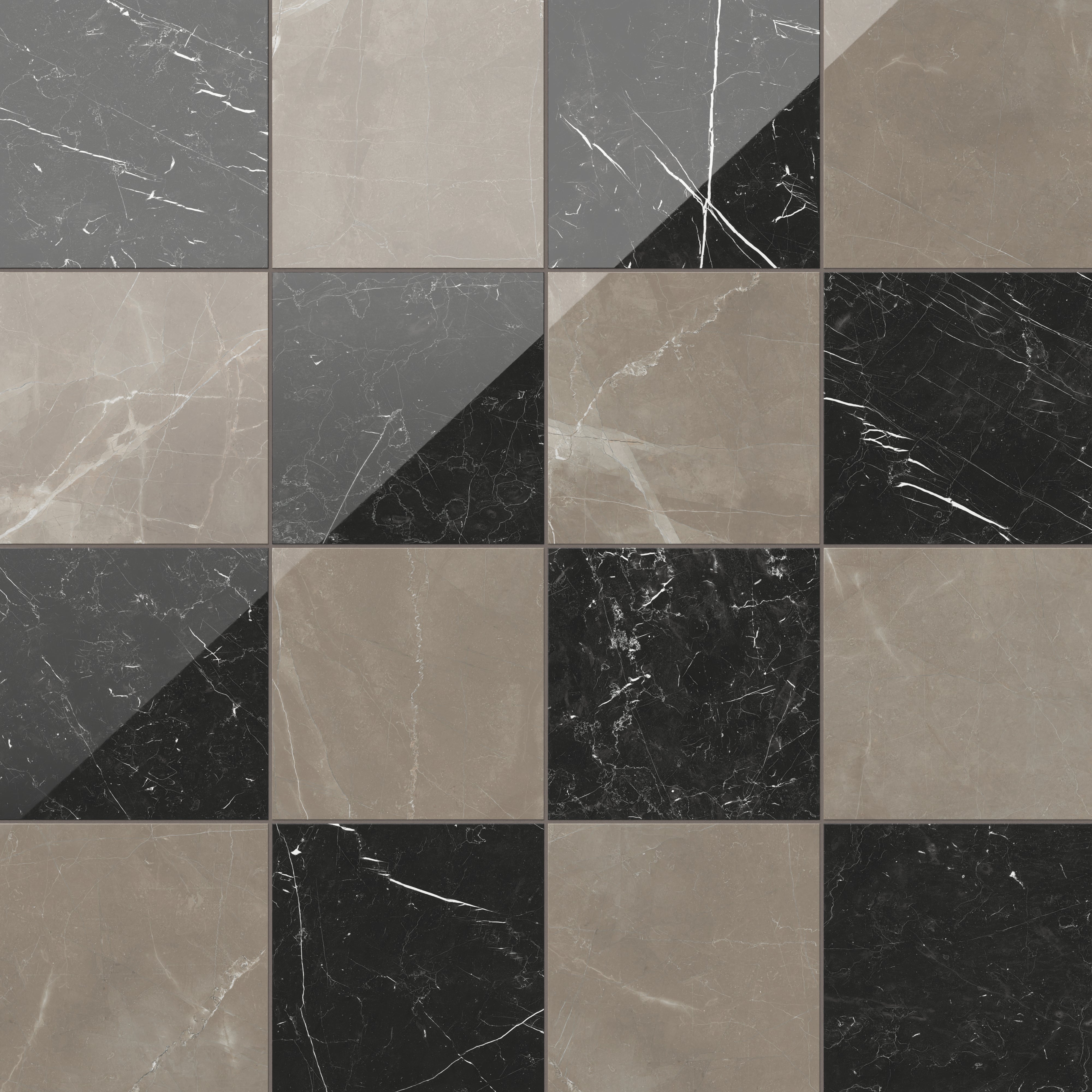 Leona 12x12 Checkerboard Polished Porcelain Tile in Amani Bronze and Nero Marquina