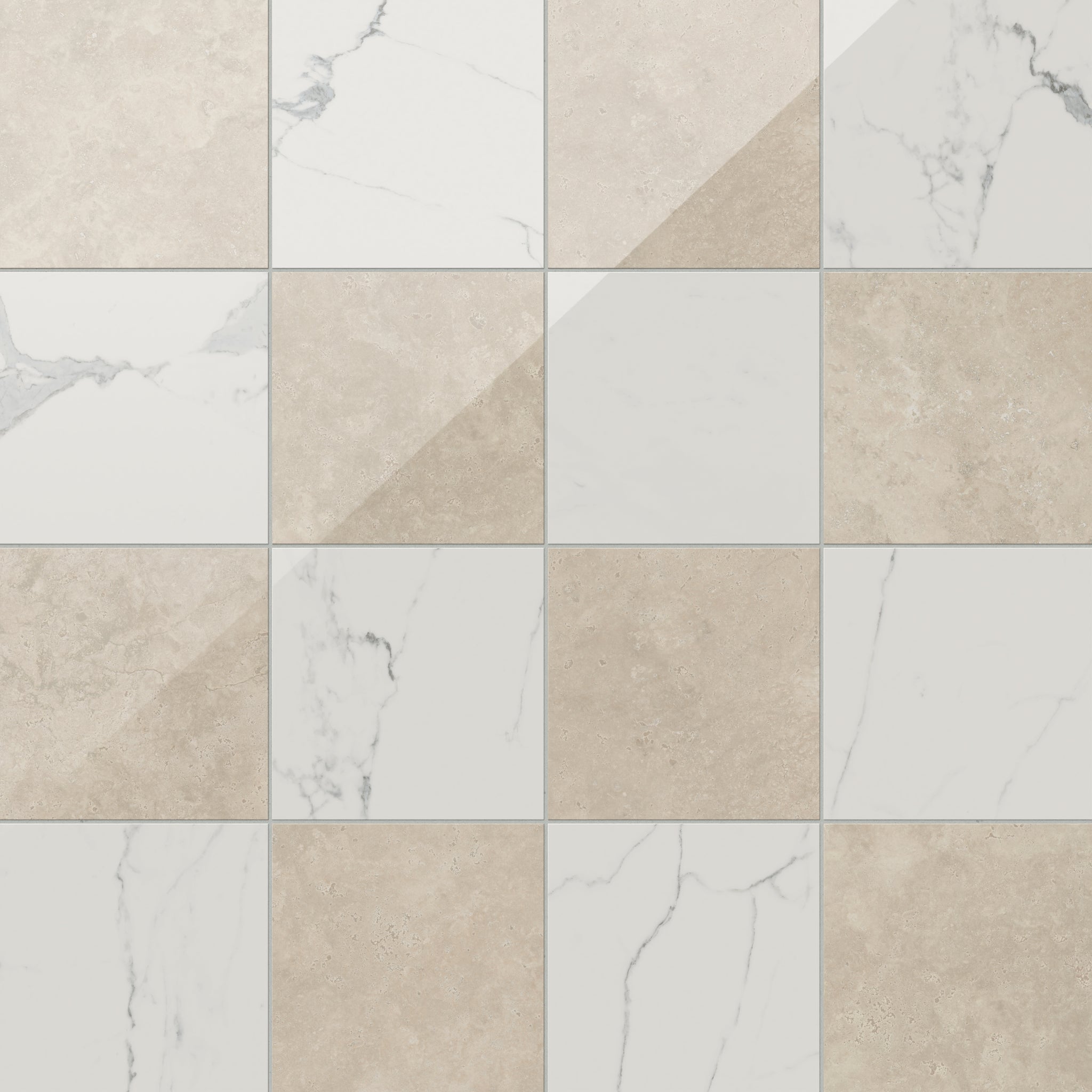 Leona 12x12 Checkerboard Polished Porcelain Tile in Calacatta and Marf