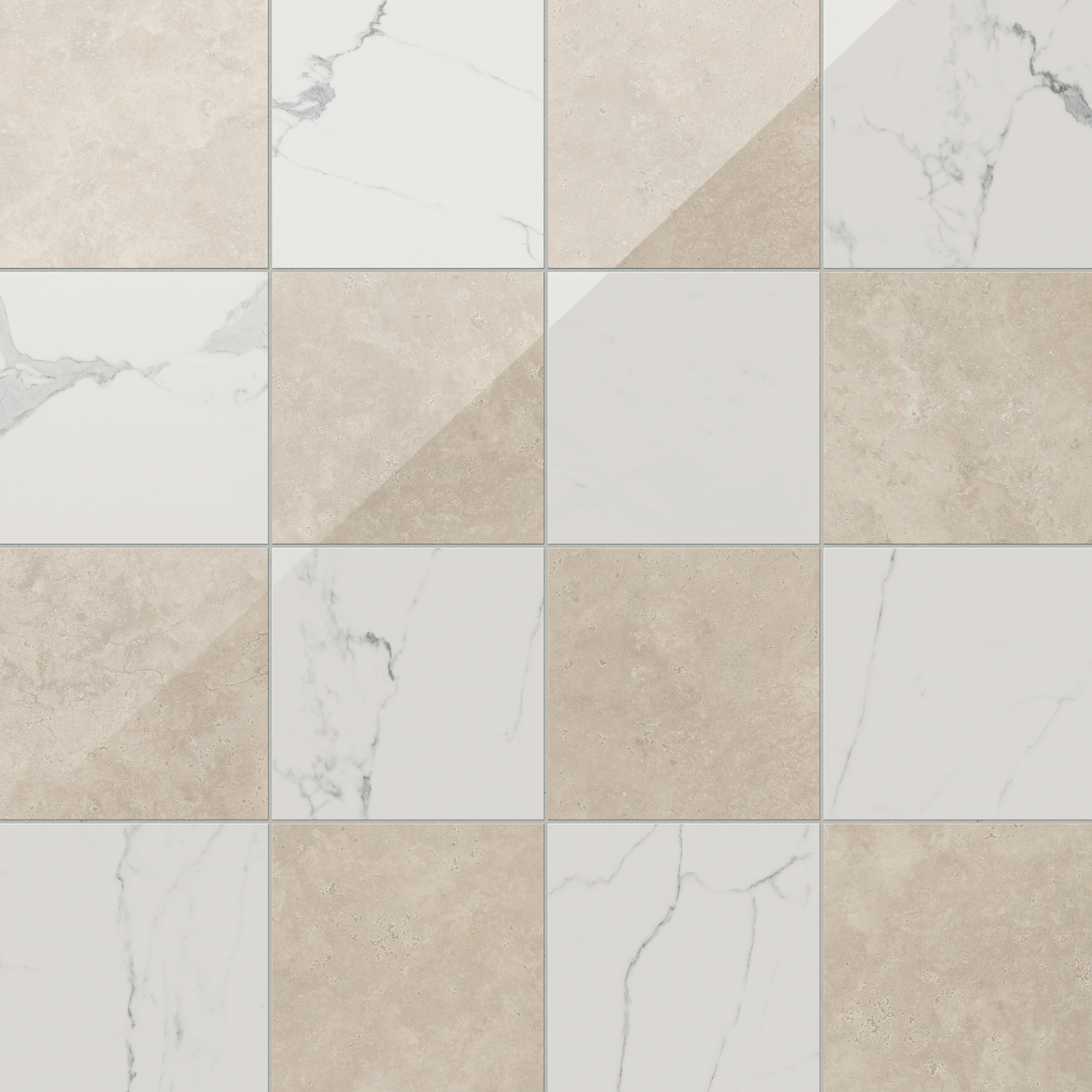 Leona 12x12 Checkerboard Polished Porcelain Tile in Calacatta and Marfil