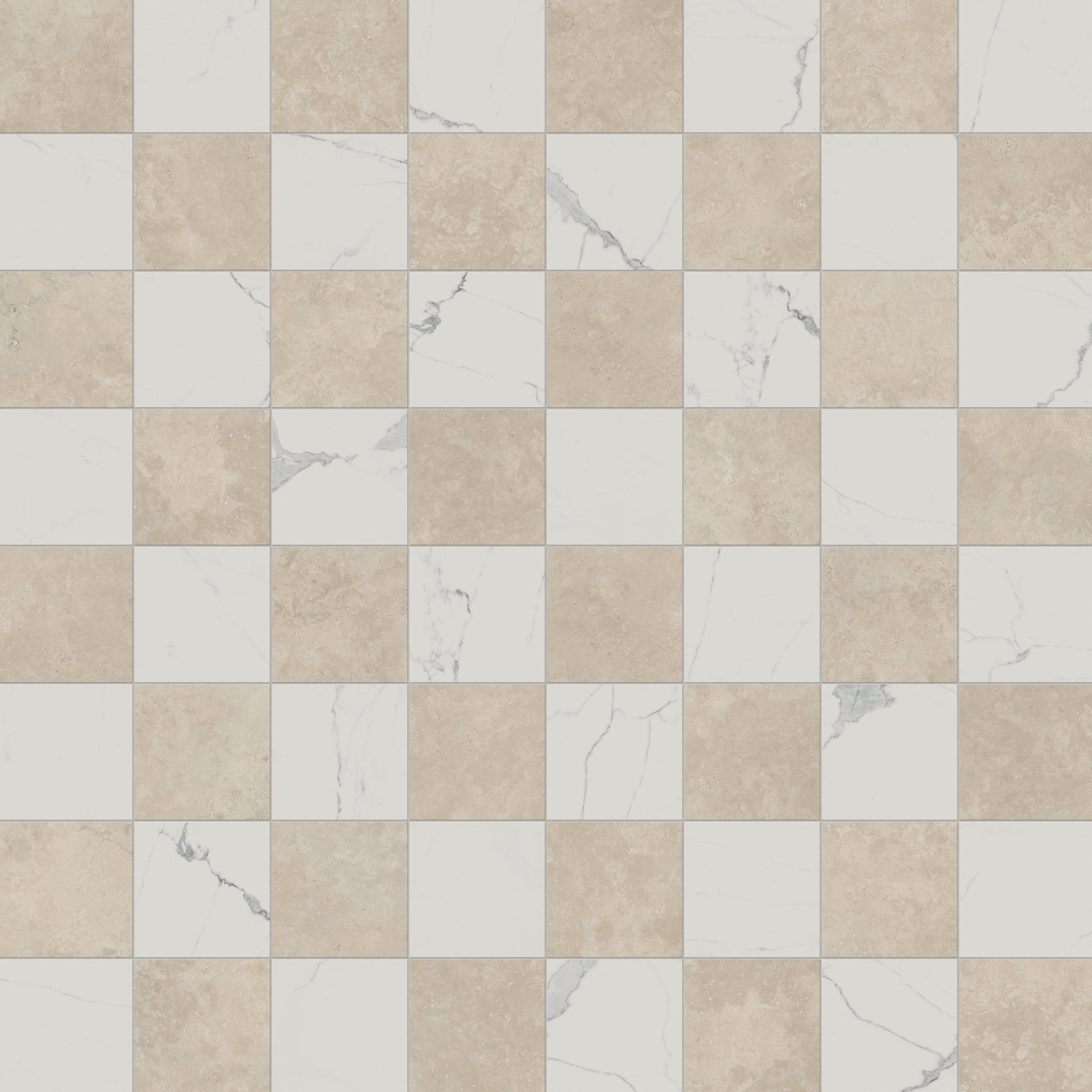 Leona 12x12 Checkerboard Polished Porcelain Tile in Calacatta and Marfil