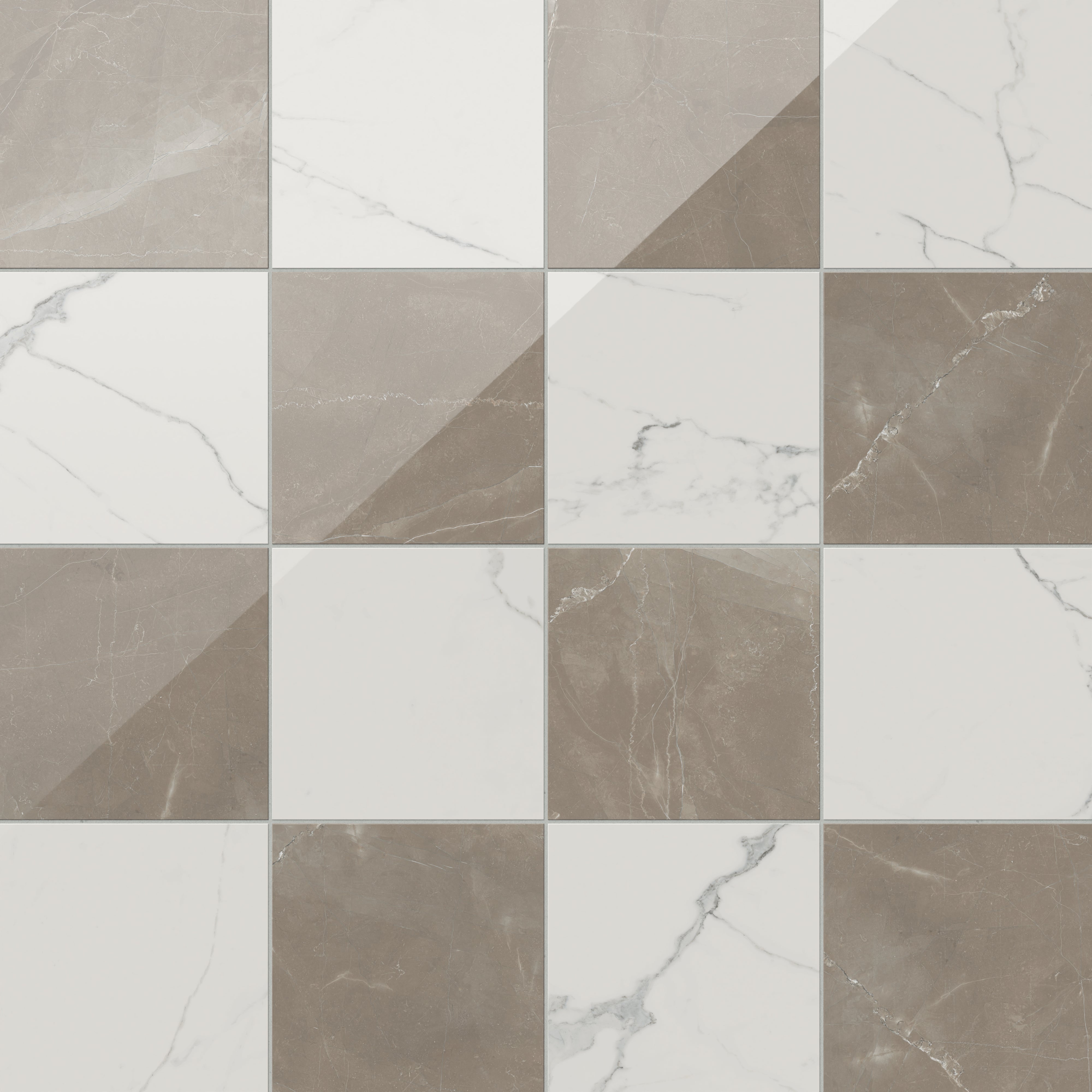 Leona 12x12 Checkerboard Polished Porcelain Tile in Calacatta and Amani Bronze