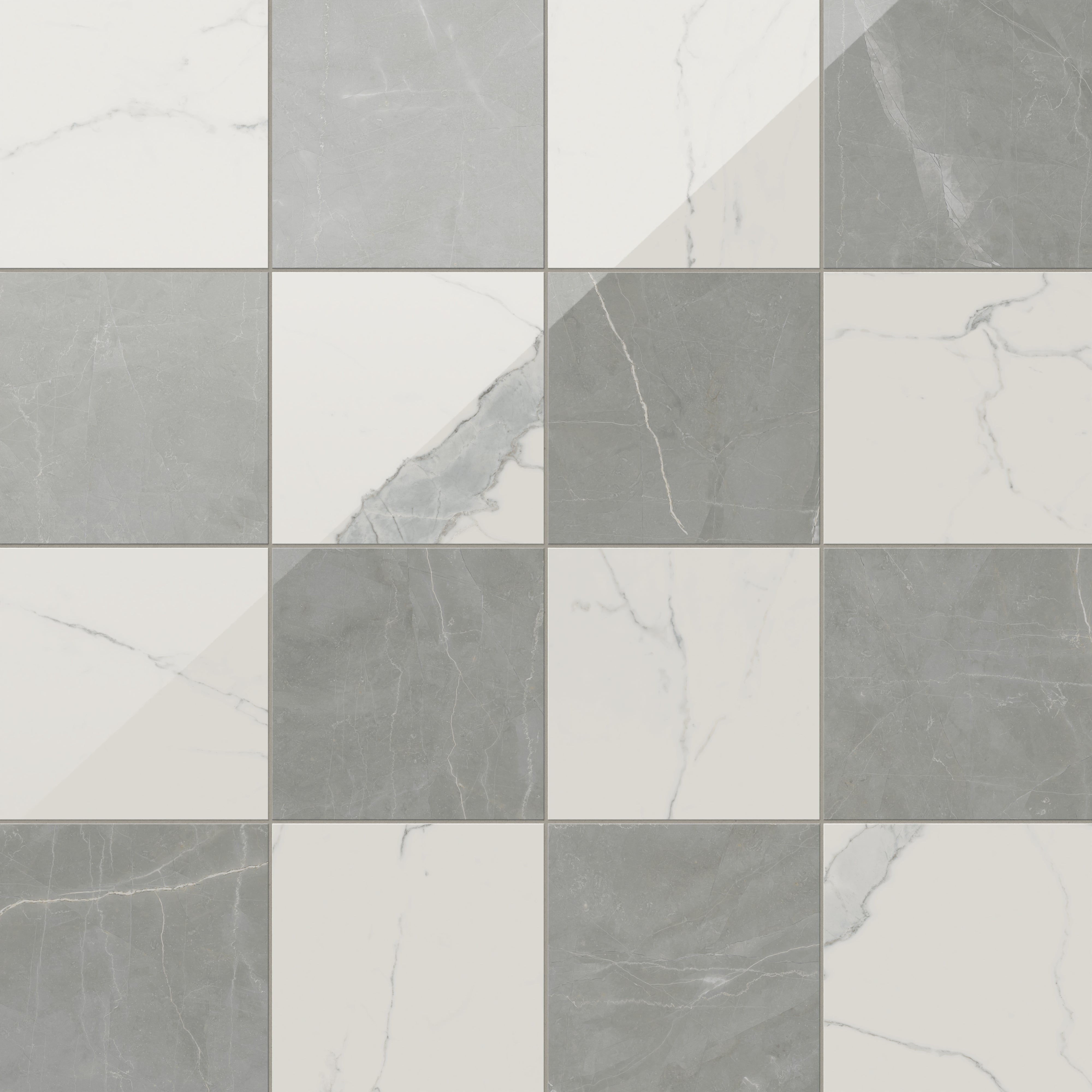 Leona 12x12 Checkerboard Polished Porcelain Tile in Calacatta and Amani Grey