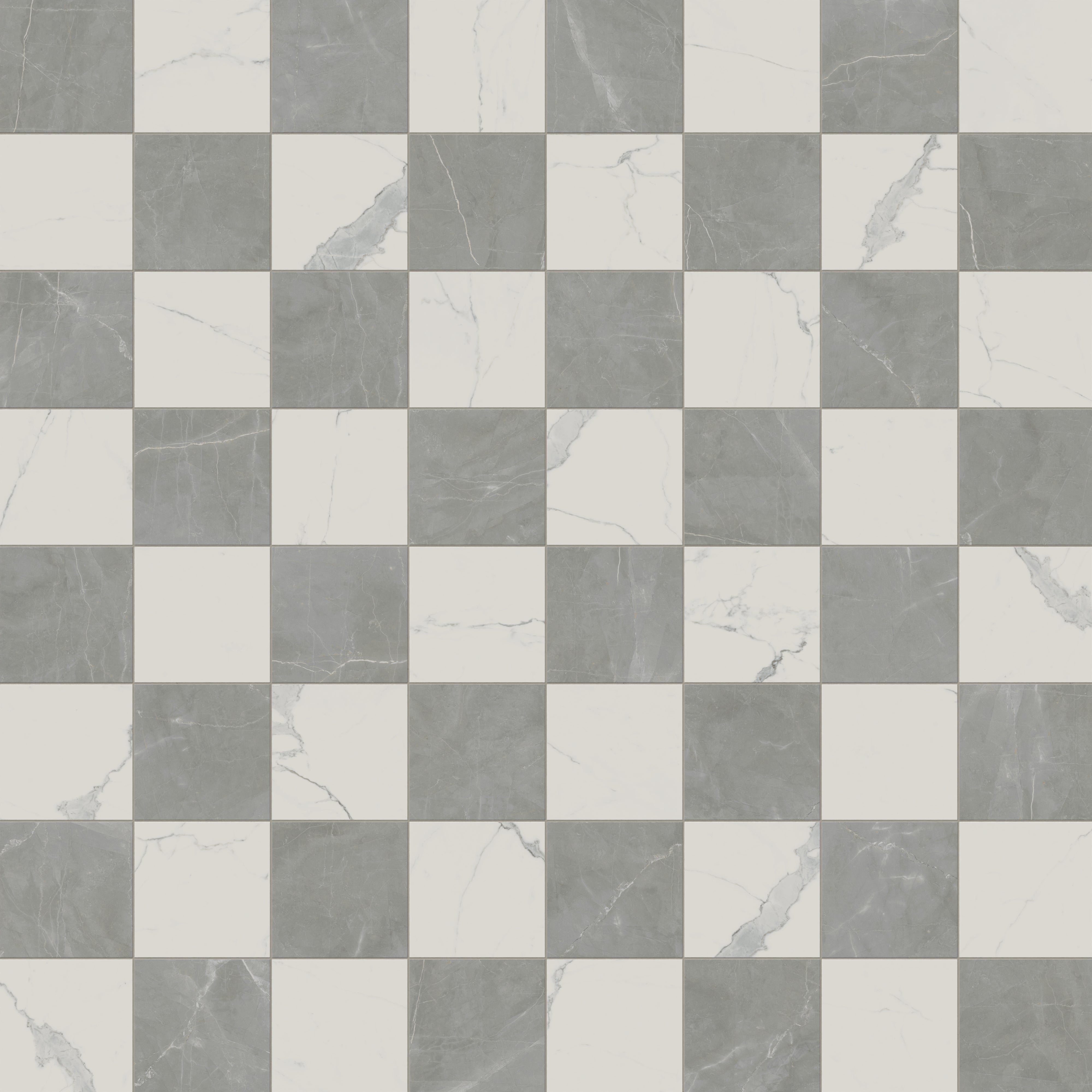 Leona 12x12 Checkerboard Polished Porcelain Tile in Calacatta and Amani Grey