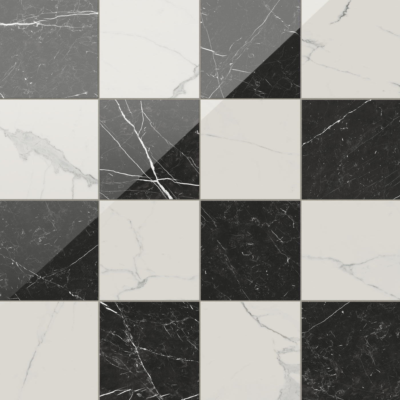 Leona 12x12 Checkerboard Polished Porcelain Tile in Calacatta and Nero