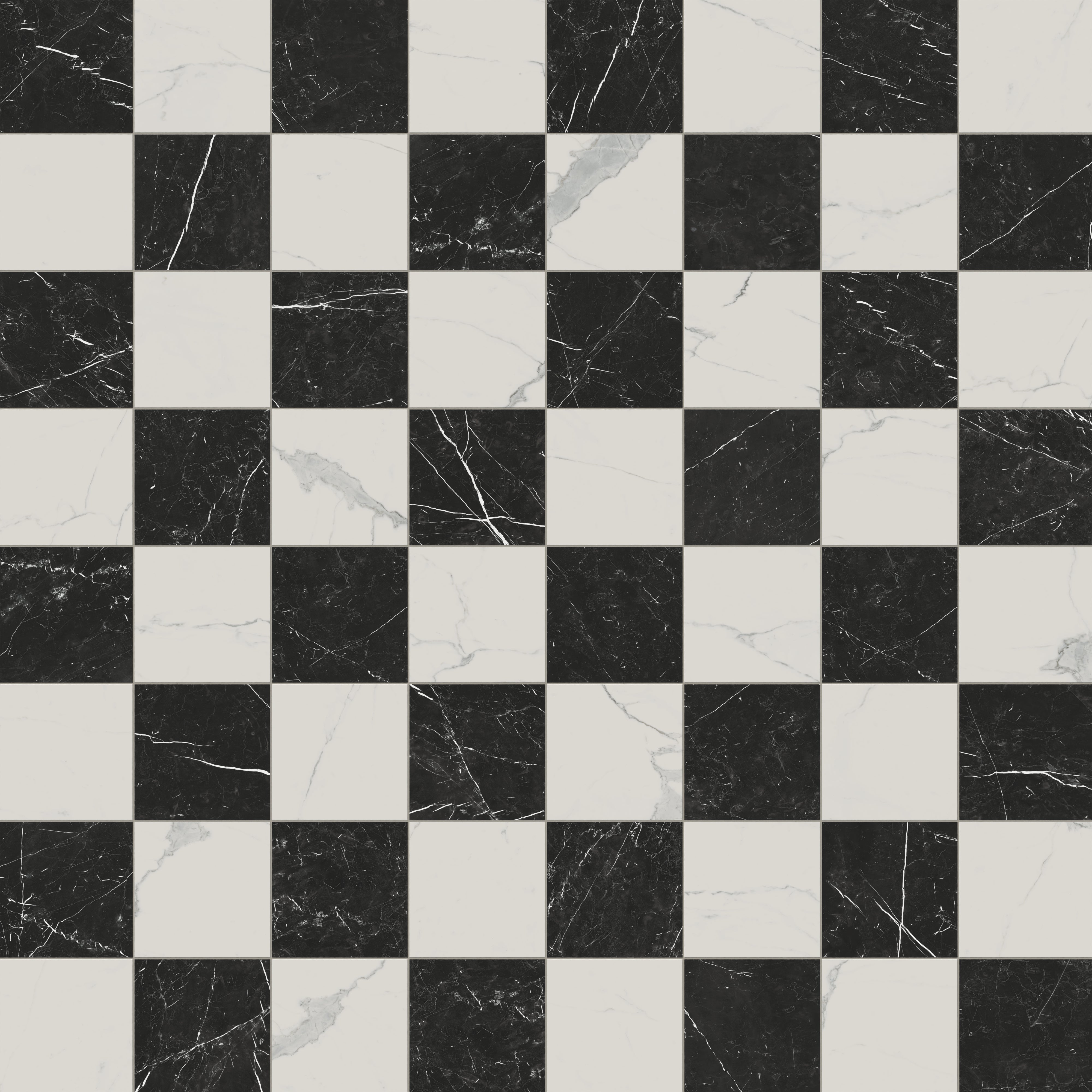 Leona 12x12 Checkerboard Polished Porcelain Tile in Calacatta and Nero Marquina