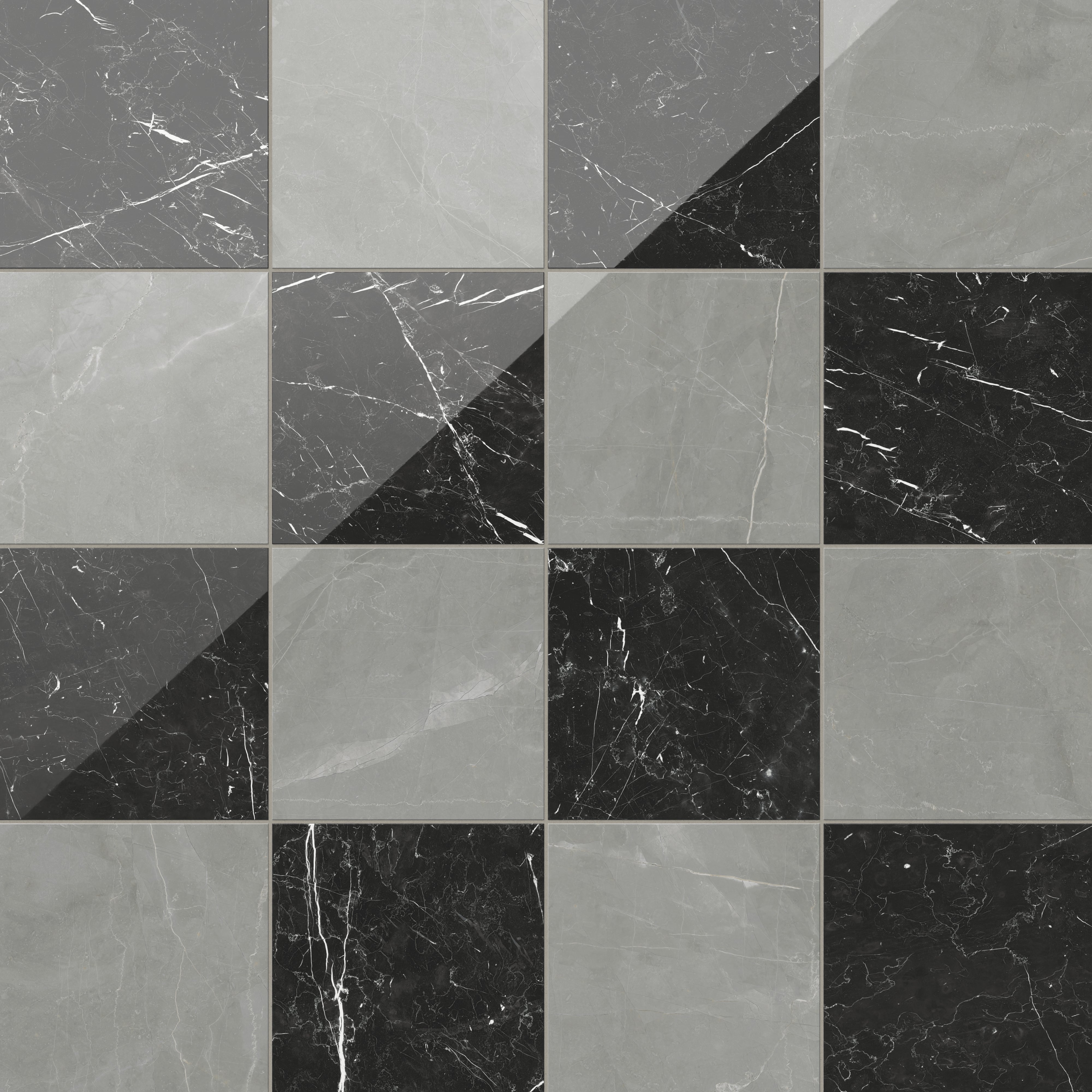 Leona 12x12 Checkerboard Polished Porcelain Tile in Amani Grey and Nero Marquina