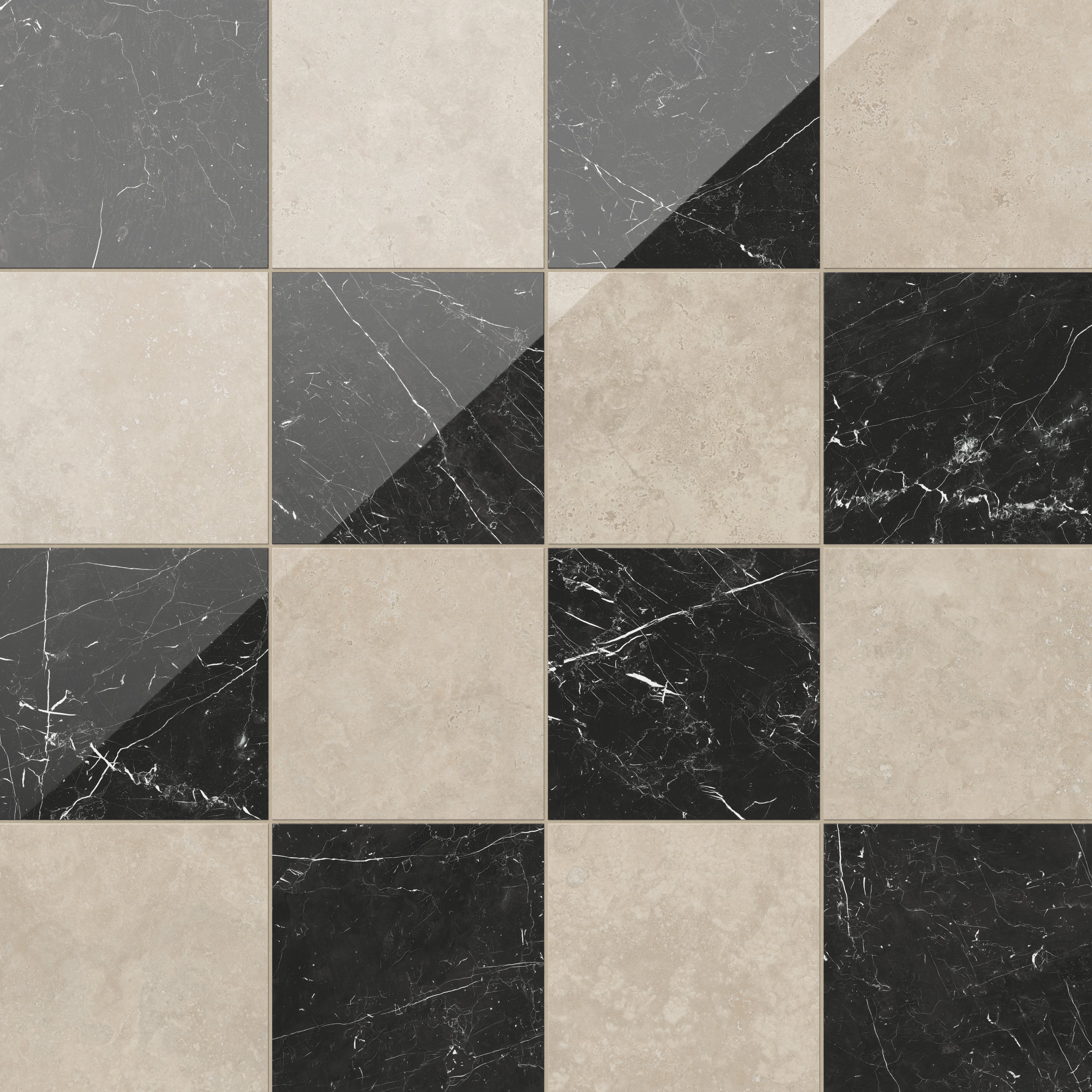 Leona 12x12 Checkerboard Polished Porcelain Tile in Marfil and Nero Marquina