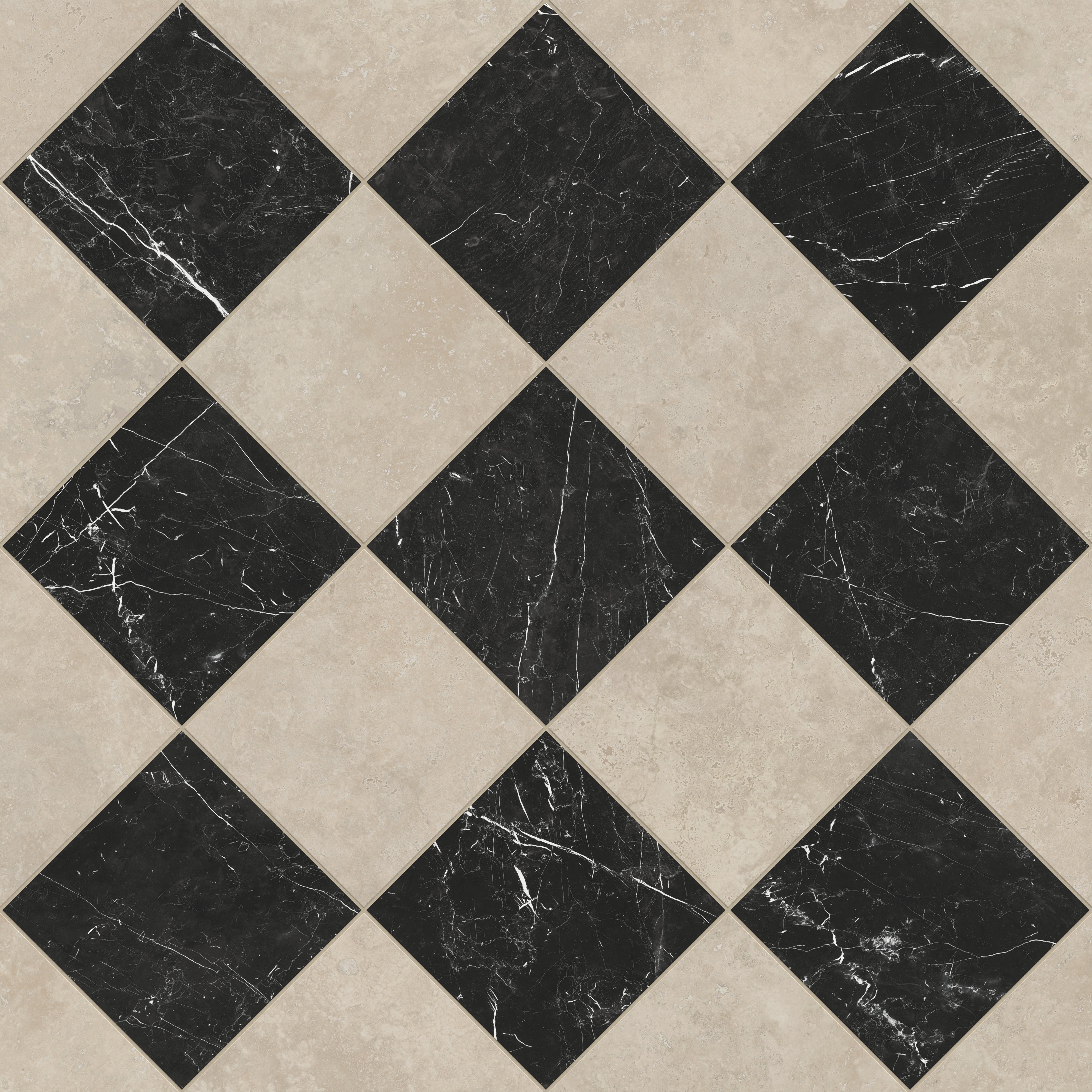 Leona 12x12 Checkerboard Polished Porcelain Tile in Marfil and Nero Marquina