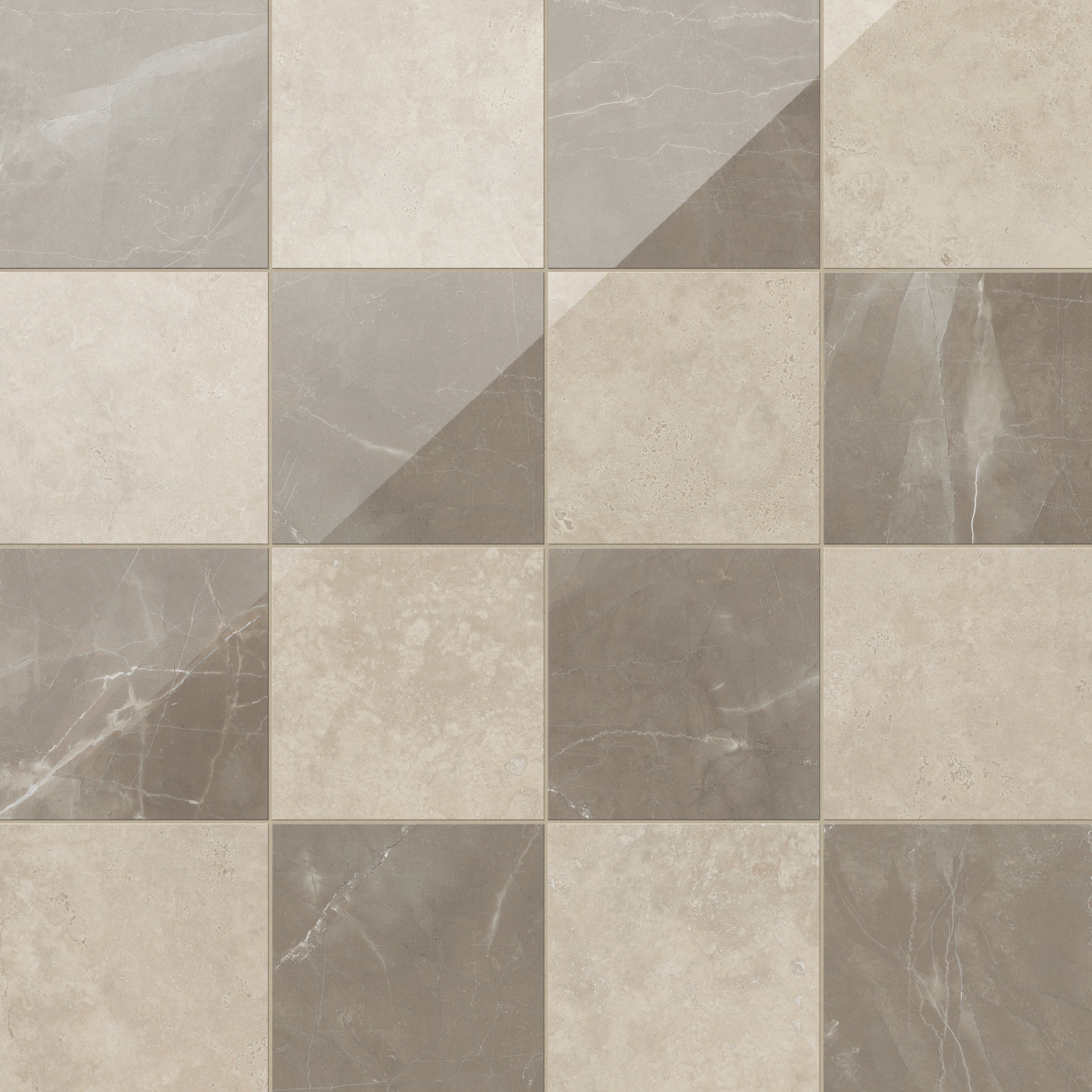 Leona 12x12 Checkerboard Polished Porcelain Tile in Marfil and Amani Bronze