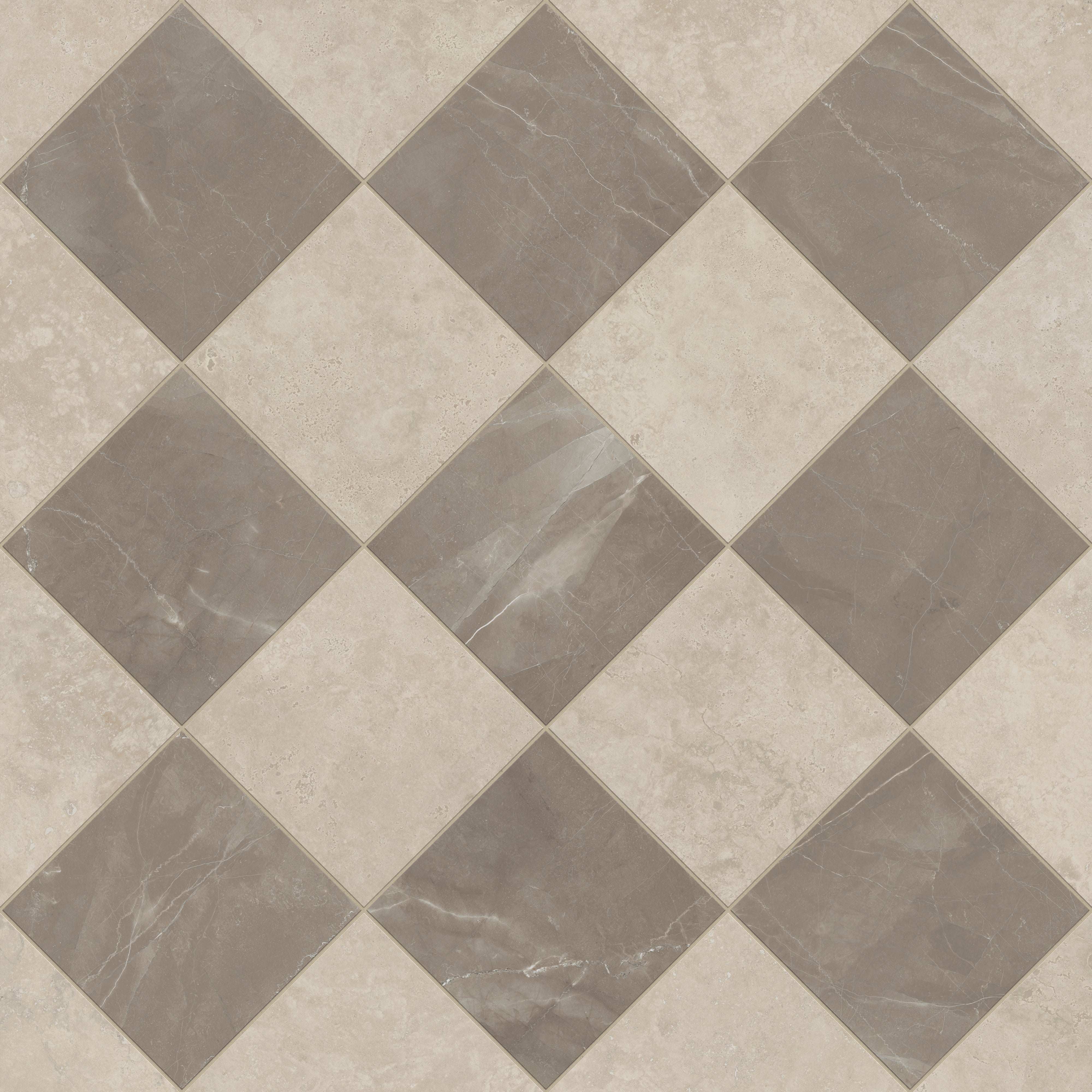 Leona 12x12 Checkerboard Polished Porcelain Tile in Marfil and Amani Bronze