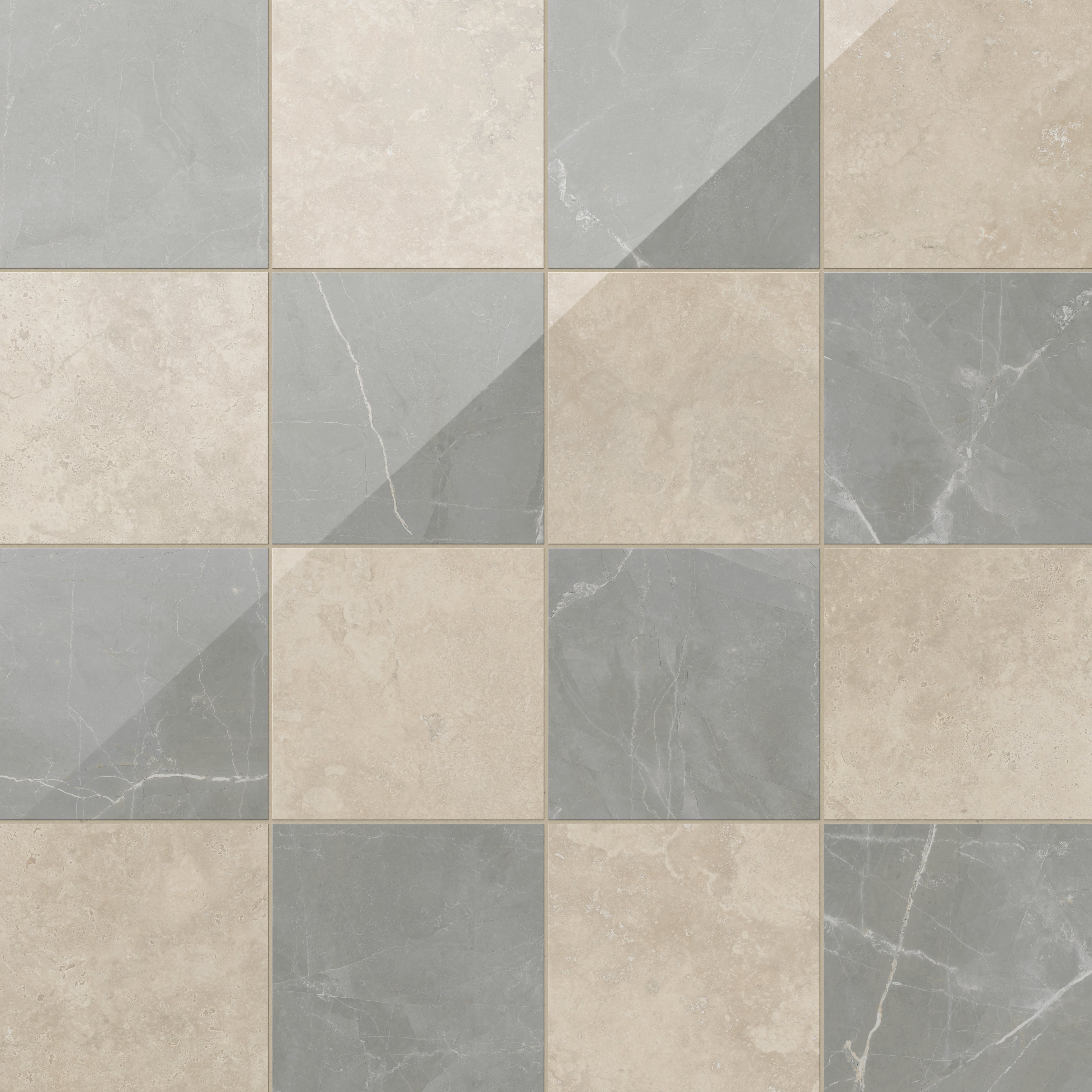 Leona 12x12 Checkerboard Polished Porcelain Tile in Marfil and Amani Grey