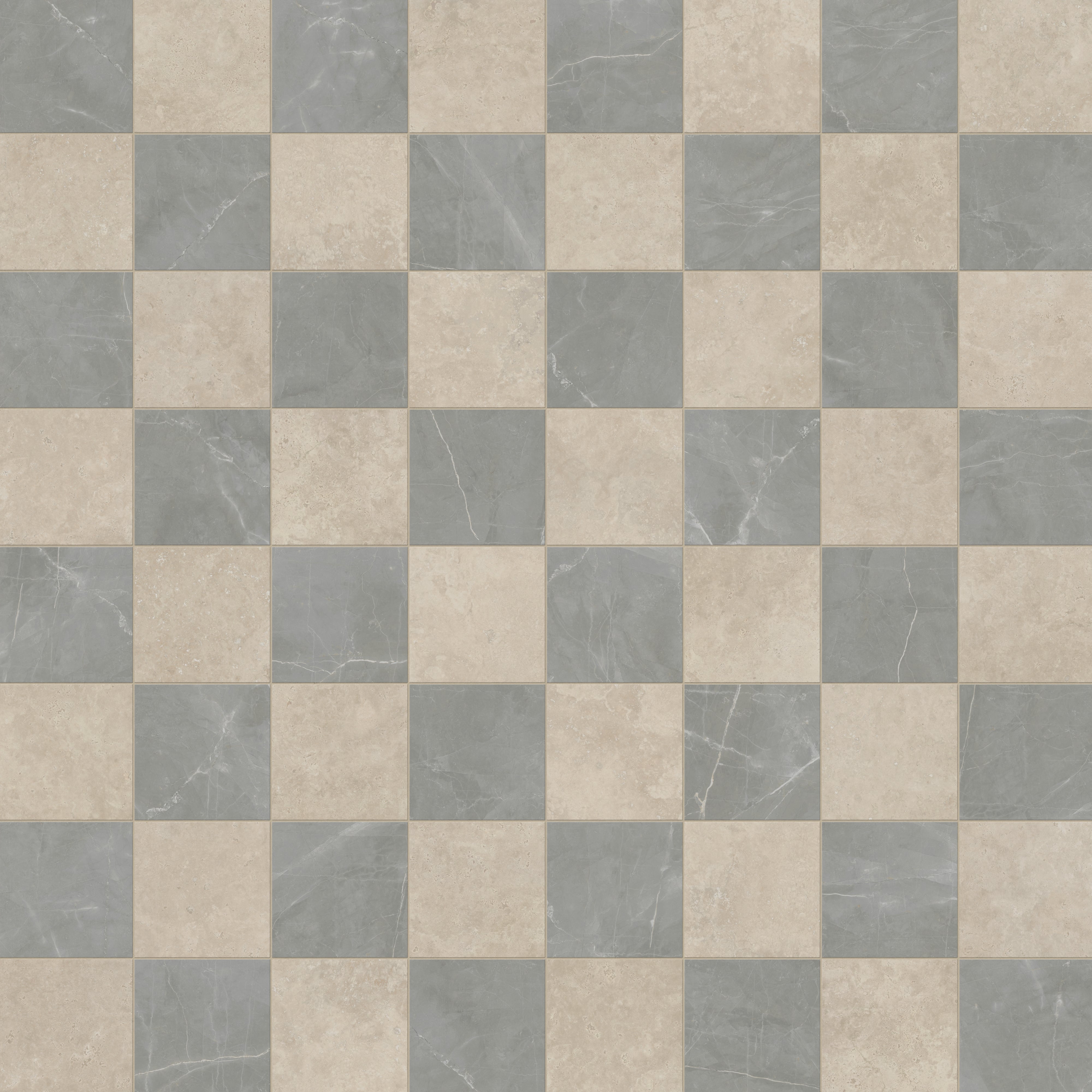 Leona 12x12 Checkerboard Polished Porcelain Tile in Marfil and Amani Grey