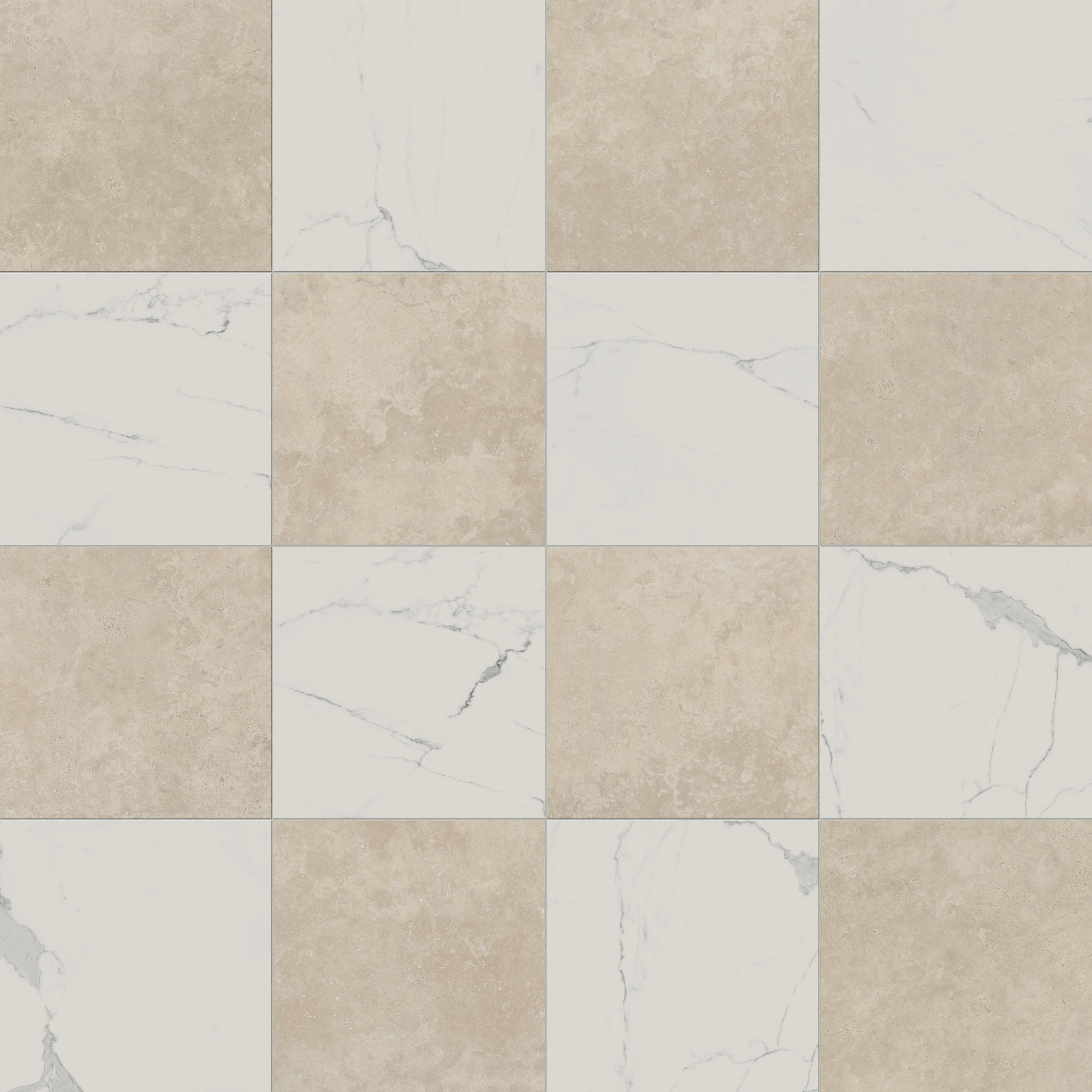 Leona 24x24 Checkerboard Matte Porcelain Tile in Calacatta and Marfil