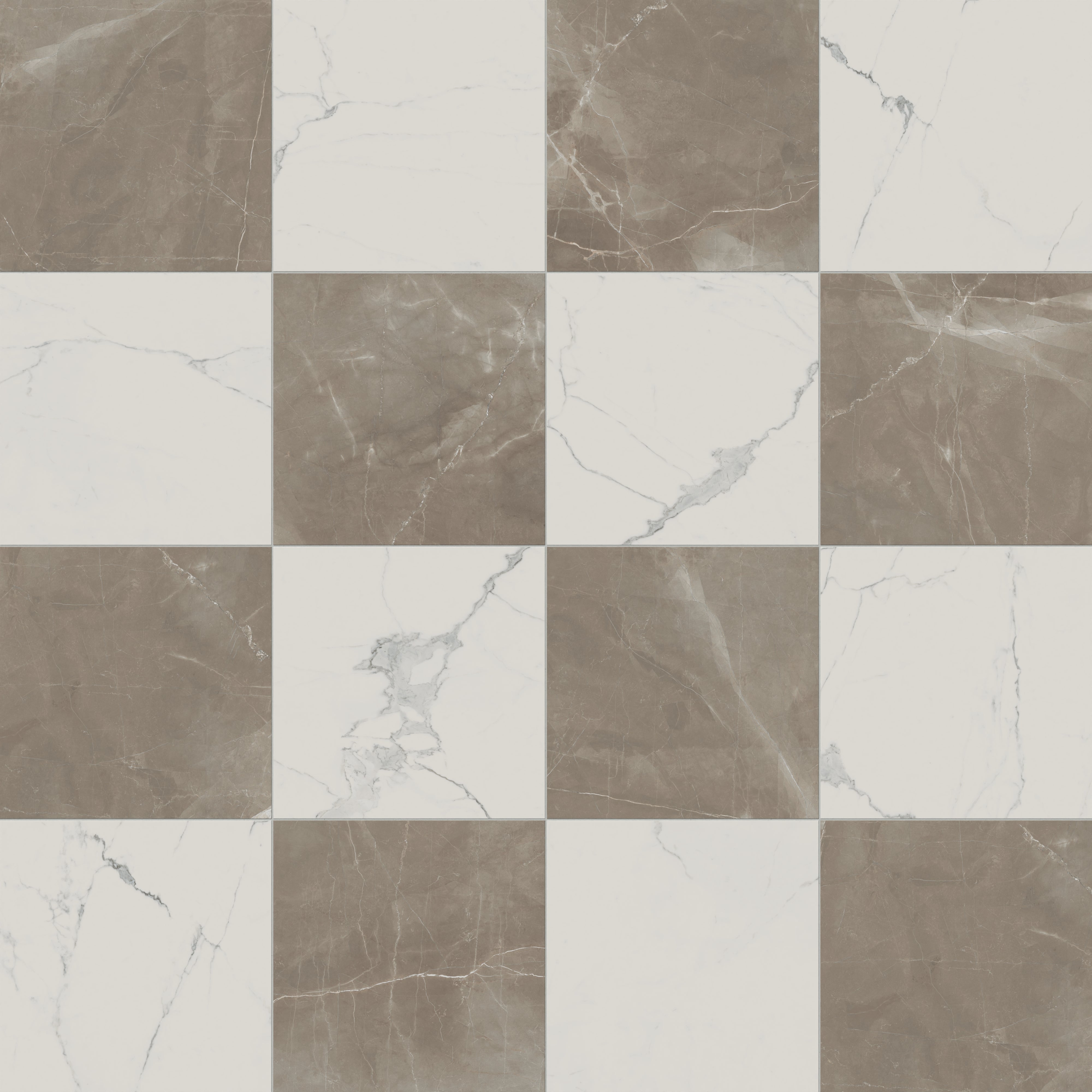 Leona 24x24 Checkerboard Matte Porcelain Tile in Calacatta and Amani Bronze