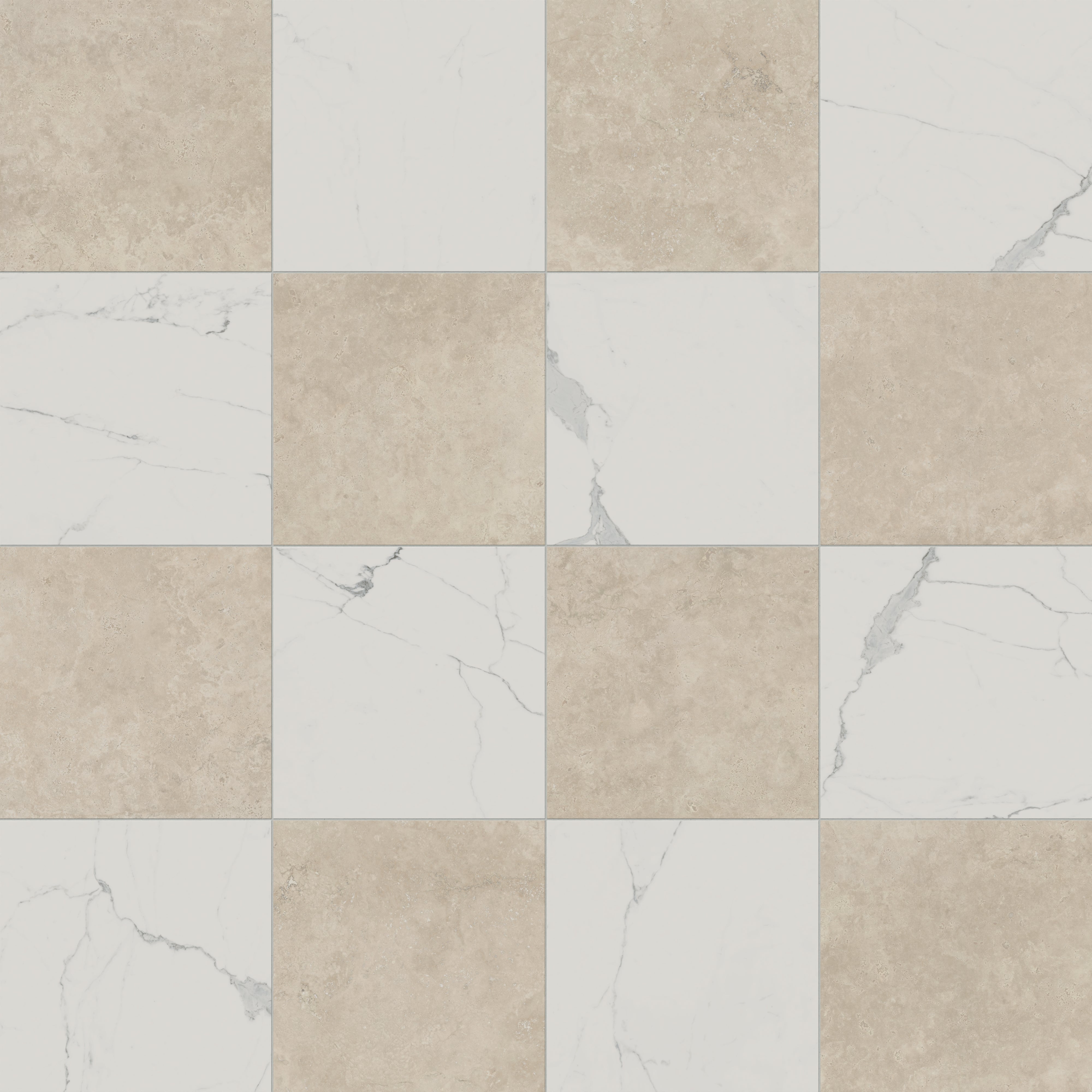 Leona 24x24 Checkerboard Polished Porcelain Tile in Calacatta and Marfil