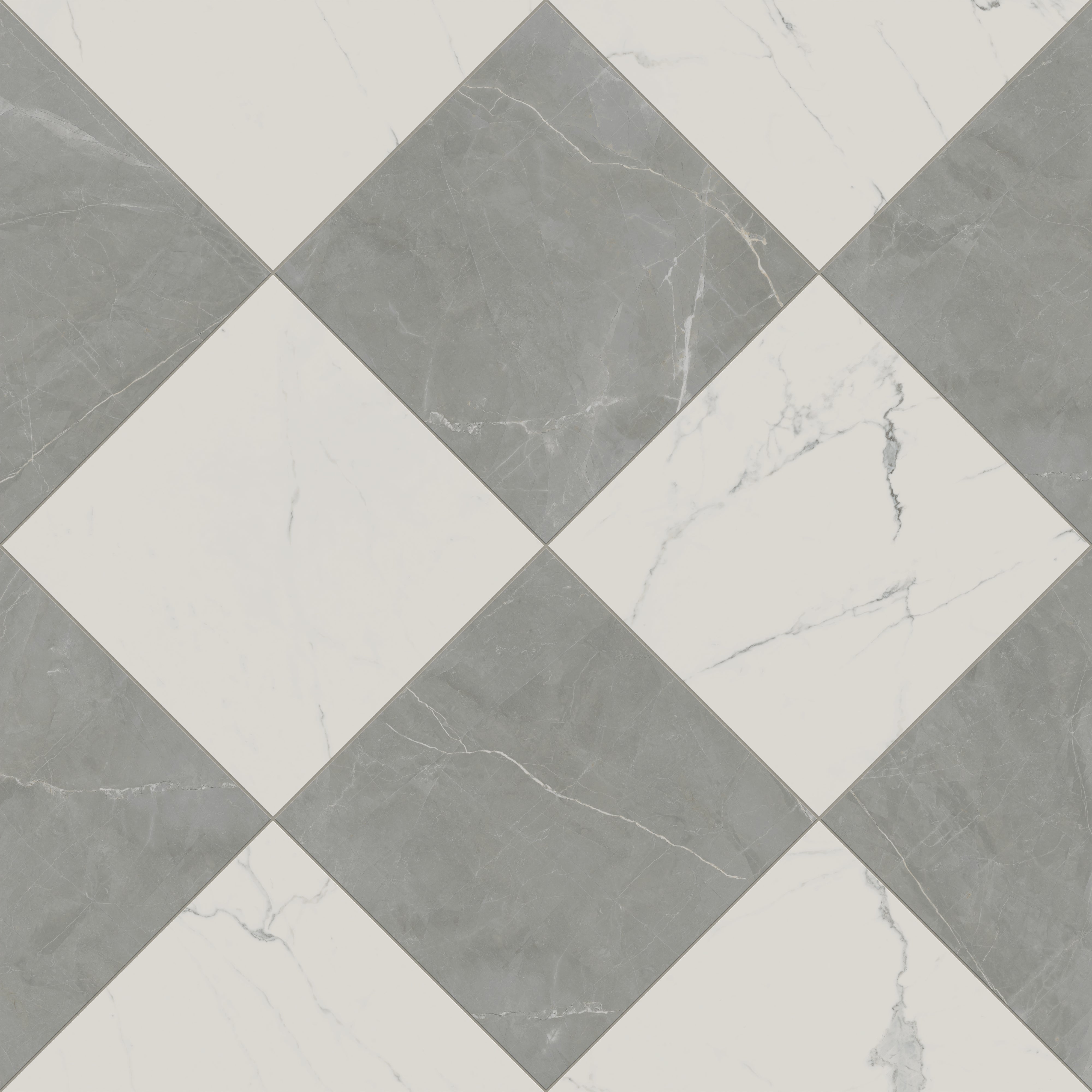 Leona 24x24 Checkerboard Polished Porcelain Tile in Calacatta and Amani Grey