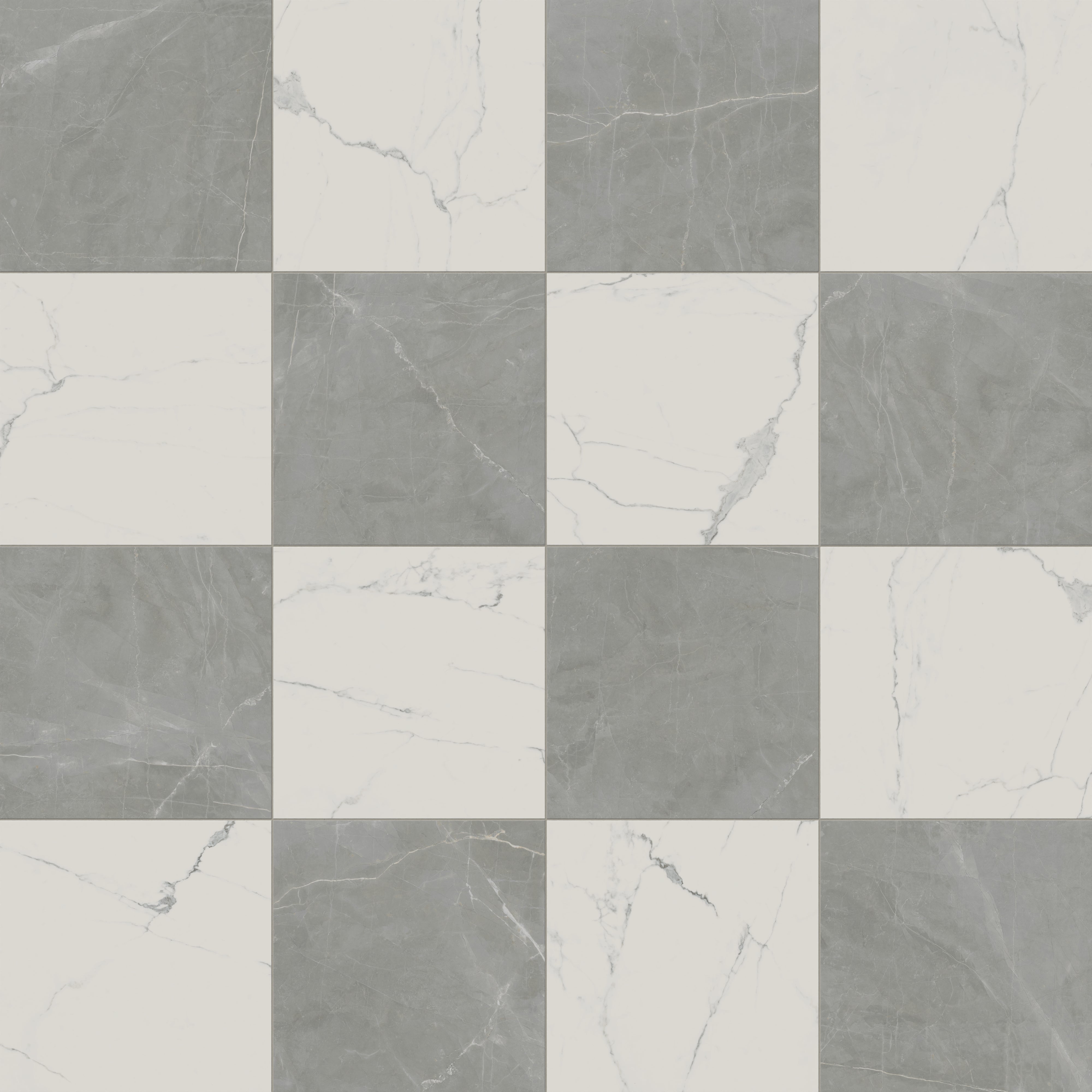 Leona 24x24 Checkerboard Polished Porcelain Tile in Calacatta and Amani Grey