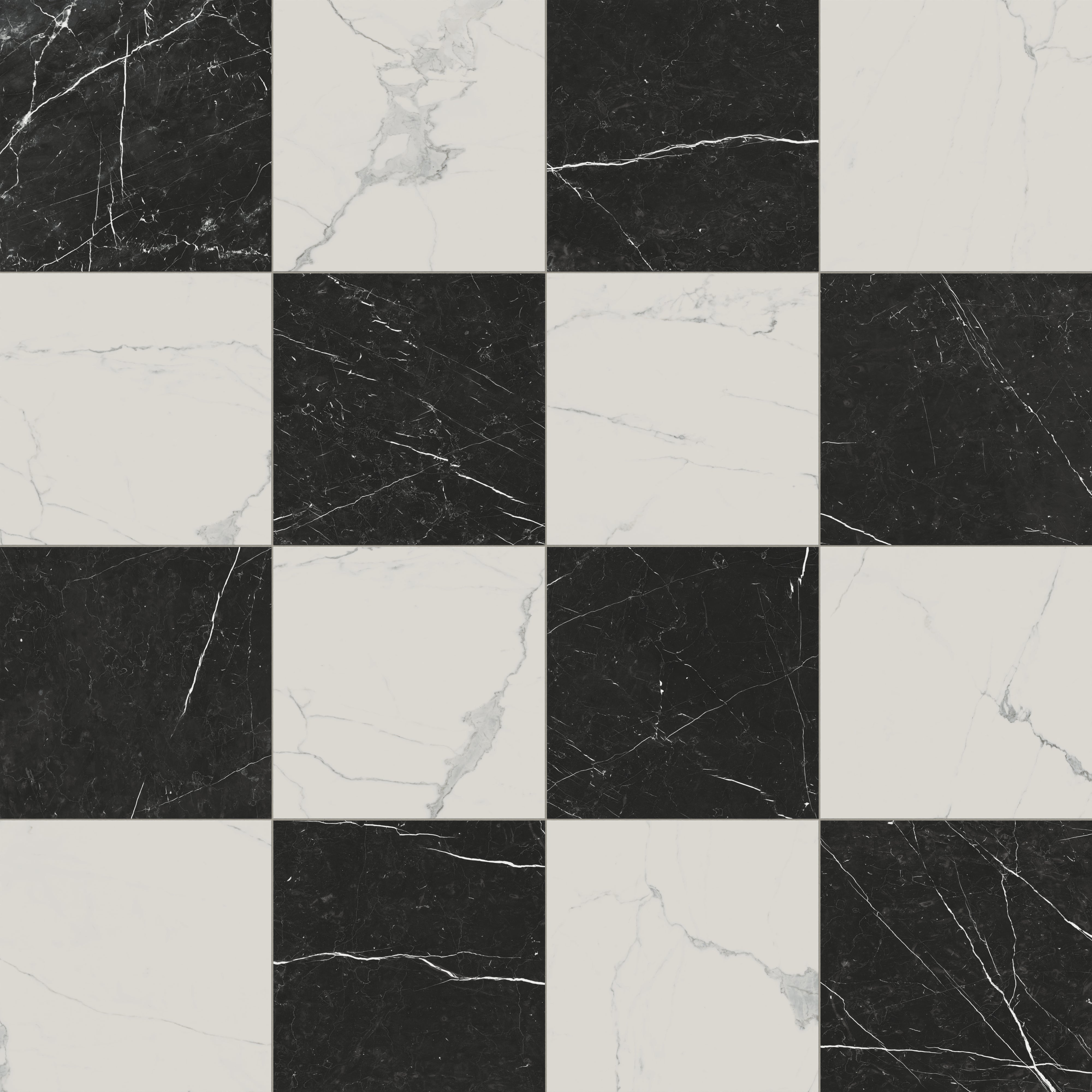 Leona 24x24 Checkerboard Polished Porcelain Tile in Calacatta and Nero Marquina