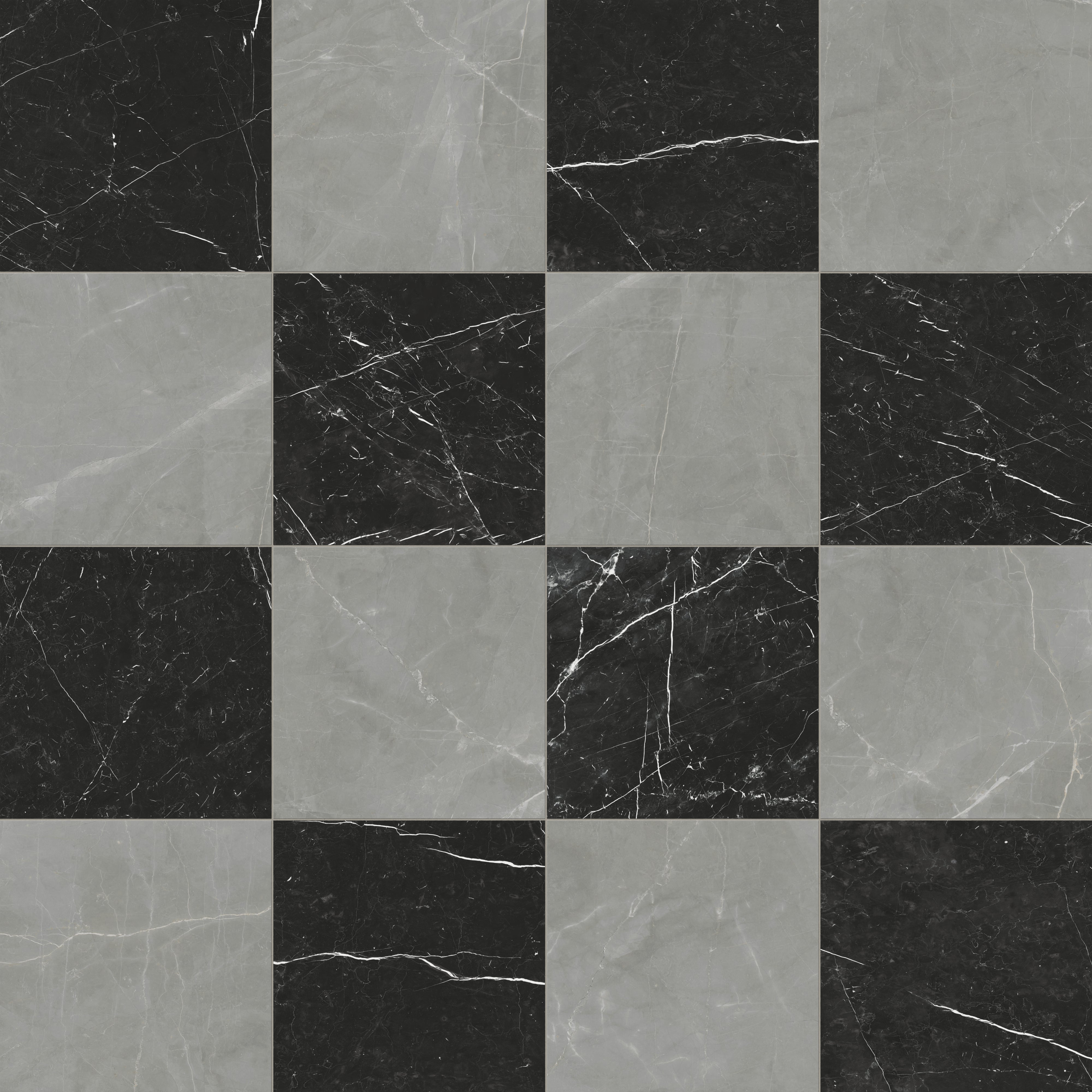 Leona 24x24 Checkerboard Polished Porcelain Tile in Amani Grey and Nero Marquina