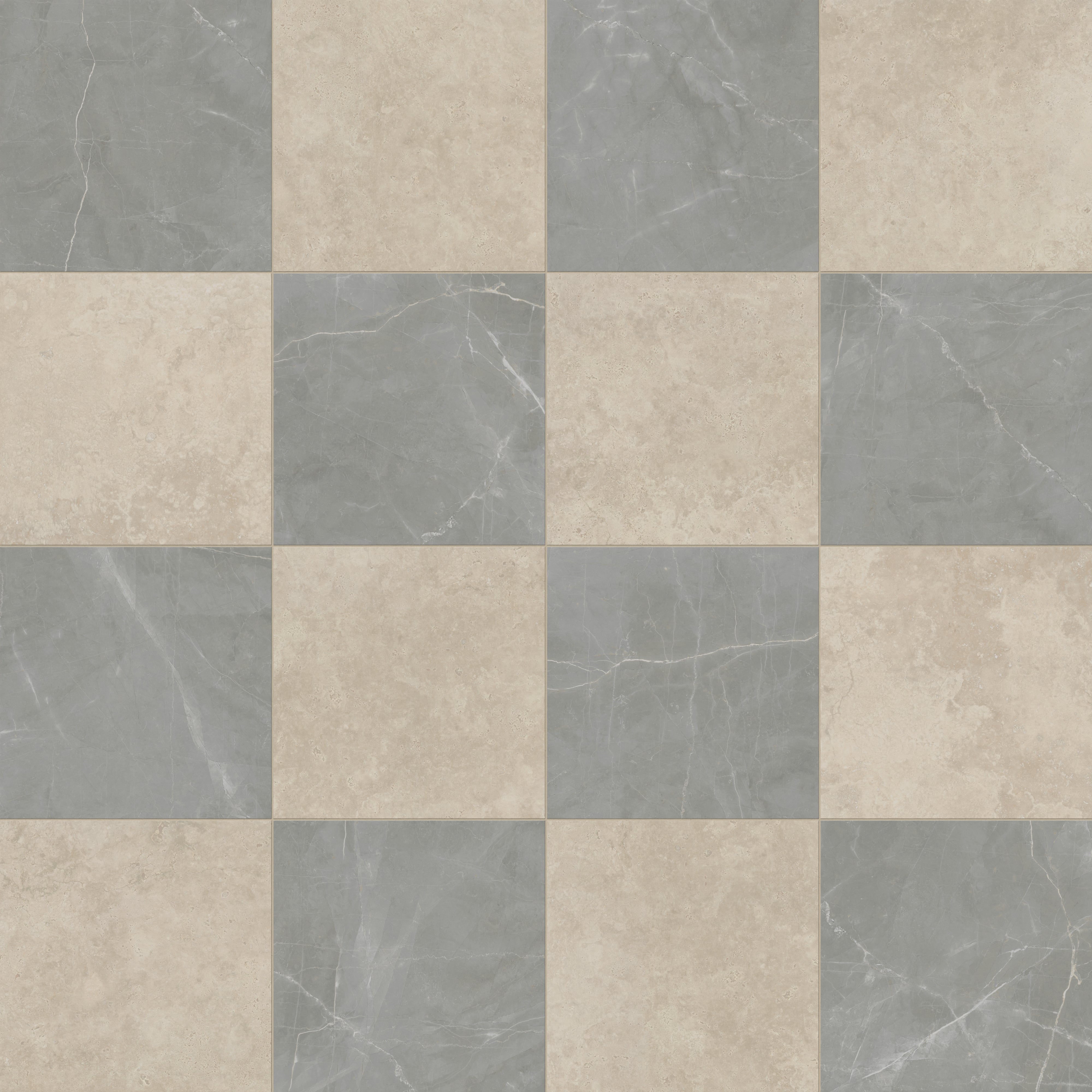 Leona 24x24 Checkerboard Polished Porcelain Tile in Marfil and Amani Grey