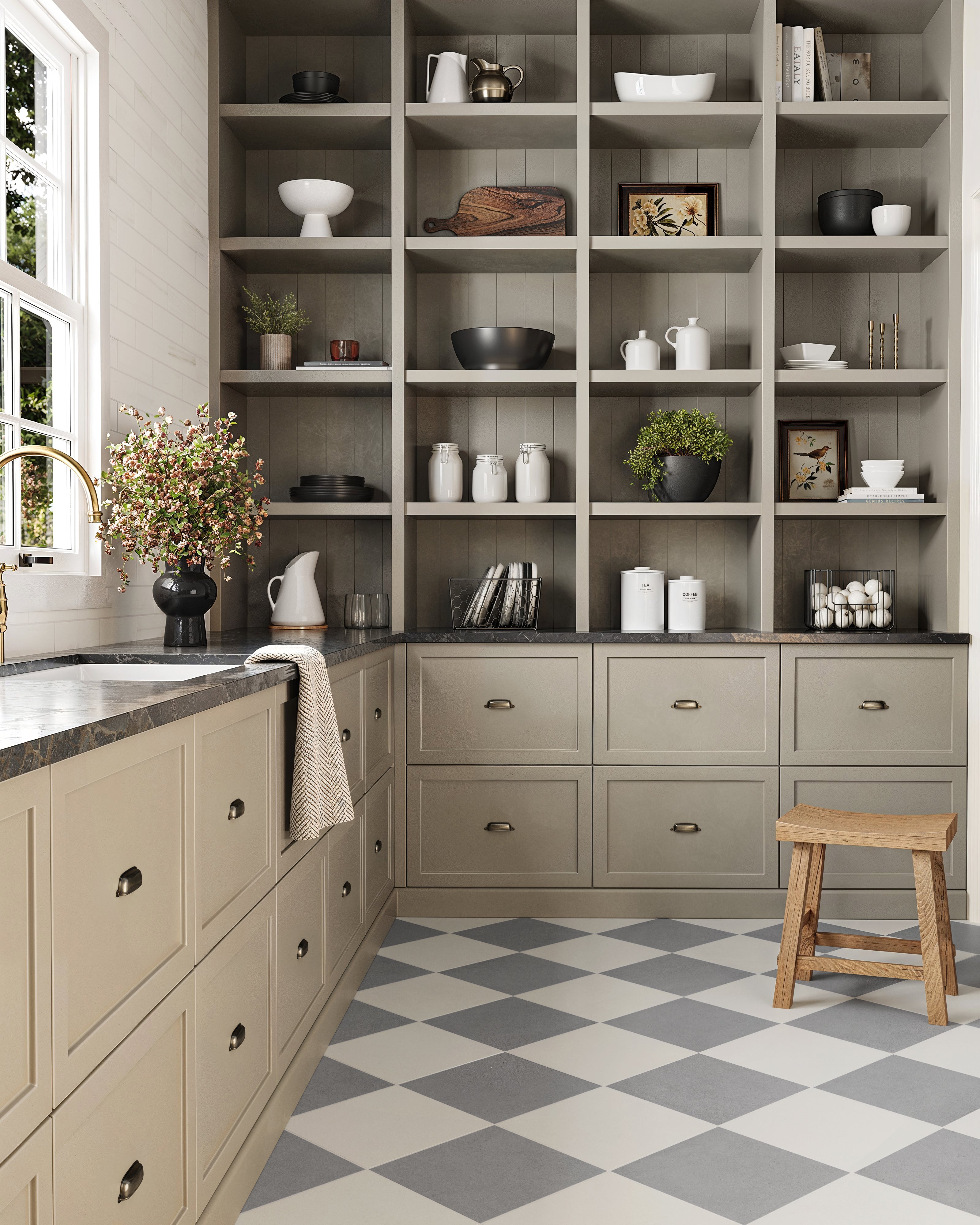 Classic kitchen with beige cabinetry, open shelving, and Palmer 12x12 checkerboard matte porcelain tiles in white and grey.