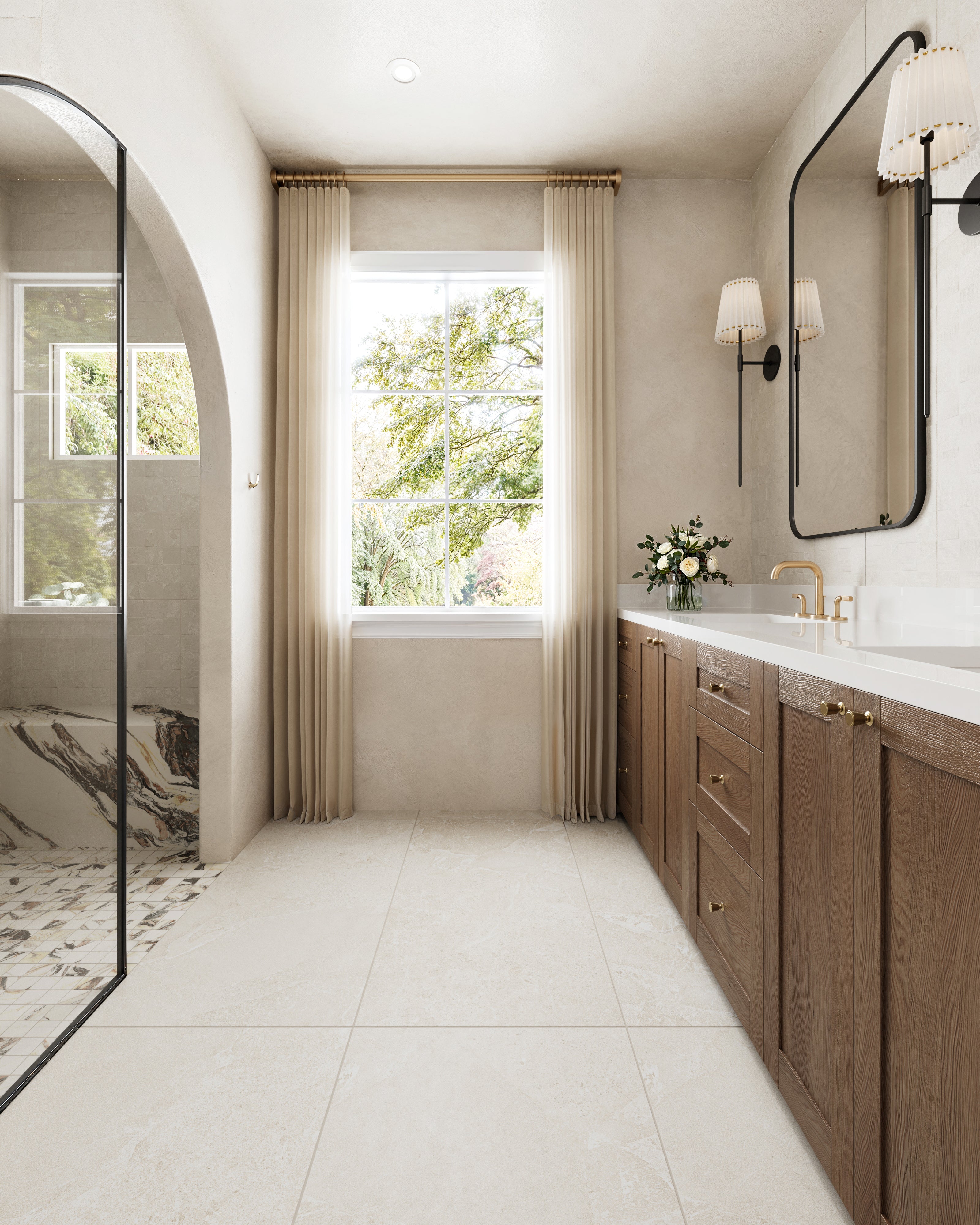 Elegant bathroom showcasing a warm and inviting design with large windows, wooden cabinetry, and beige floor tiles creating a serene ambiance.