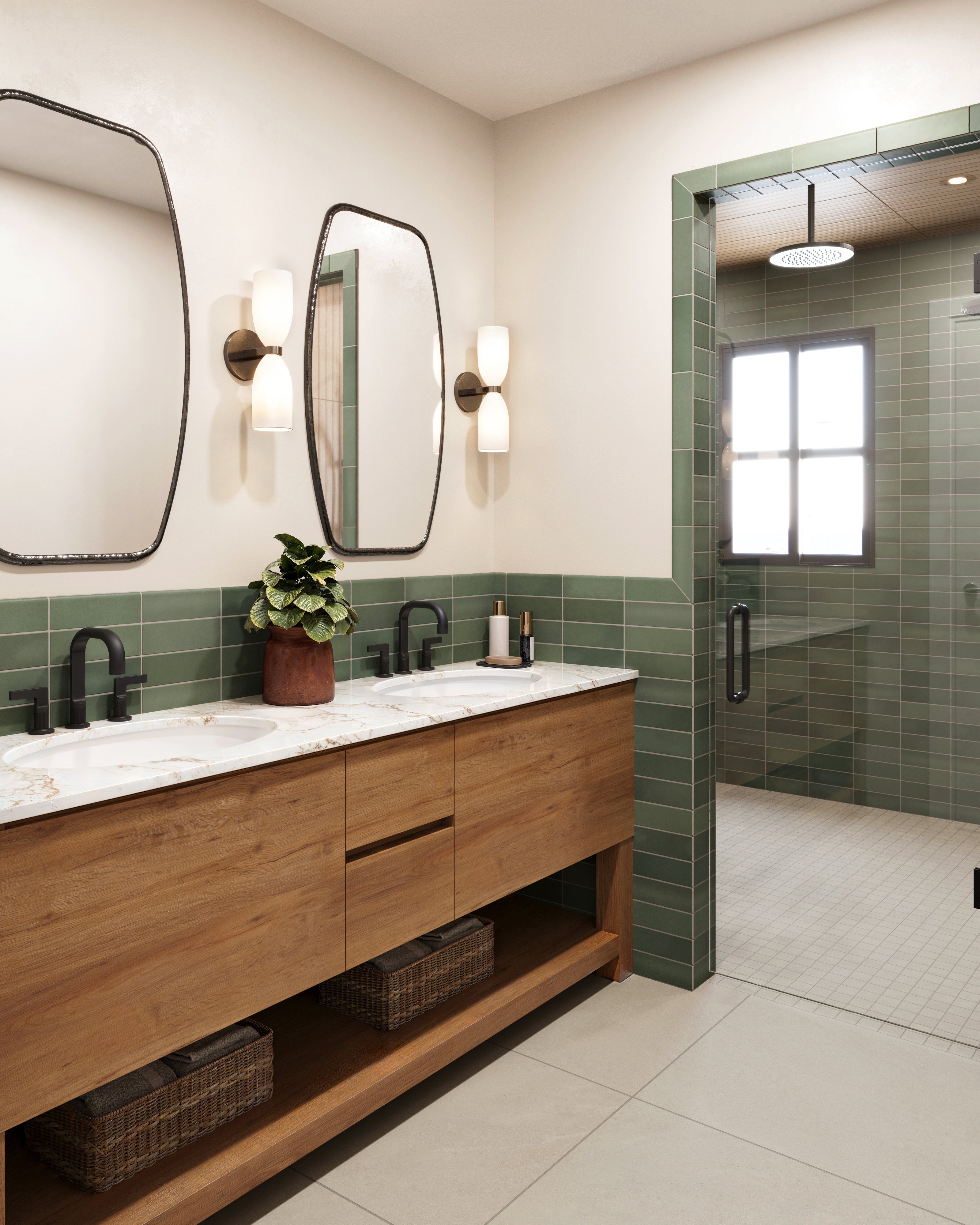 Modern bathroom featuring matte green subway tiles on the walls, a sleek wooden vanity with dual sinks and a marble countertop, and Zayne 12x36 matte ceramic tile in a brown ribbed wood slat ceiling.