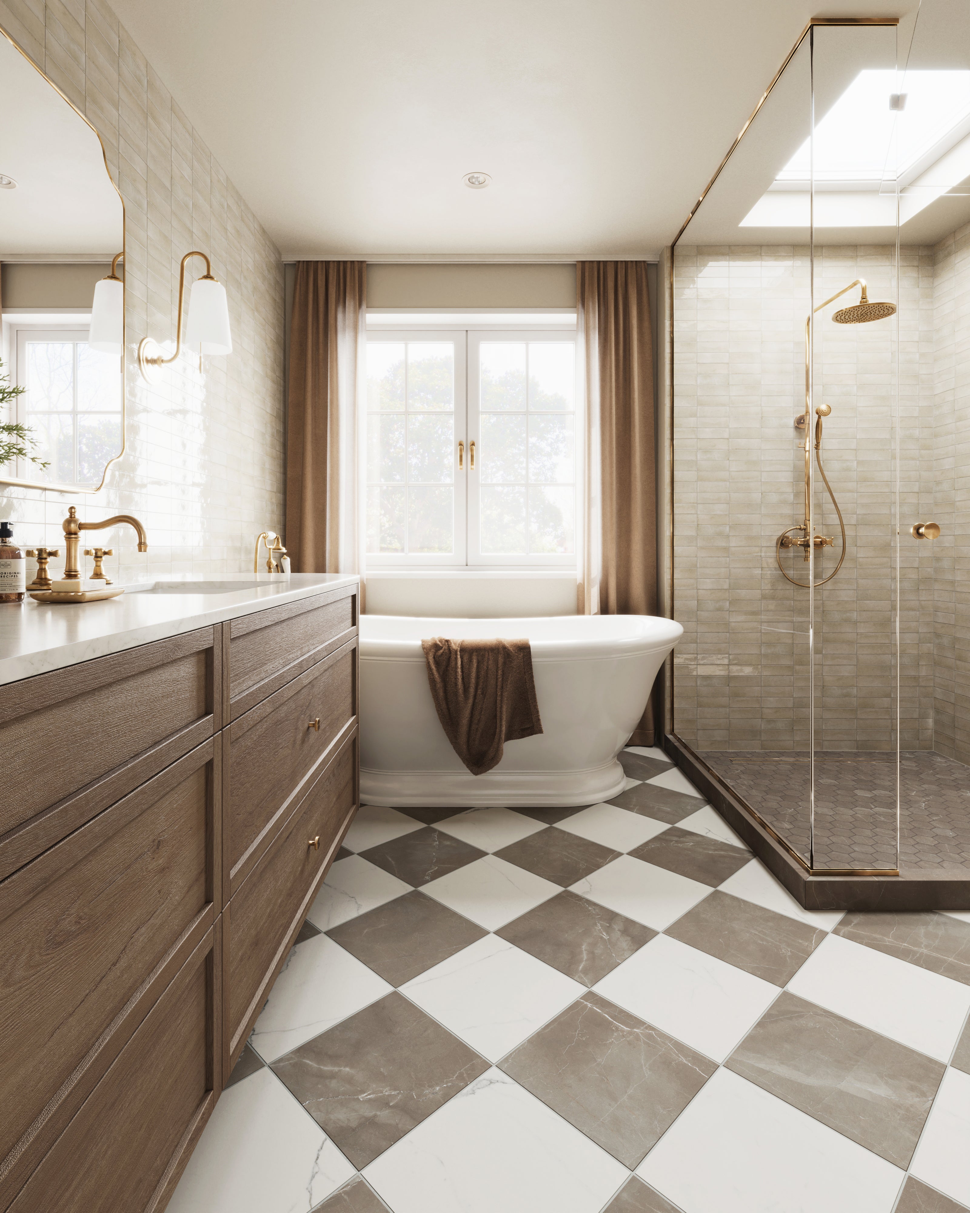 Leona Amani Bronze 3x3 hexagon mosaic matte tile is elegantly displayed as the shower floor, paired with a freestanding tub and checkered flooring.