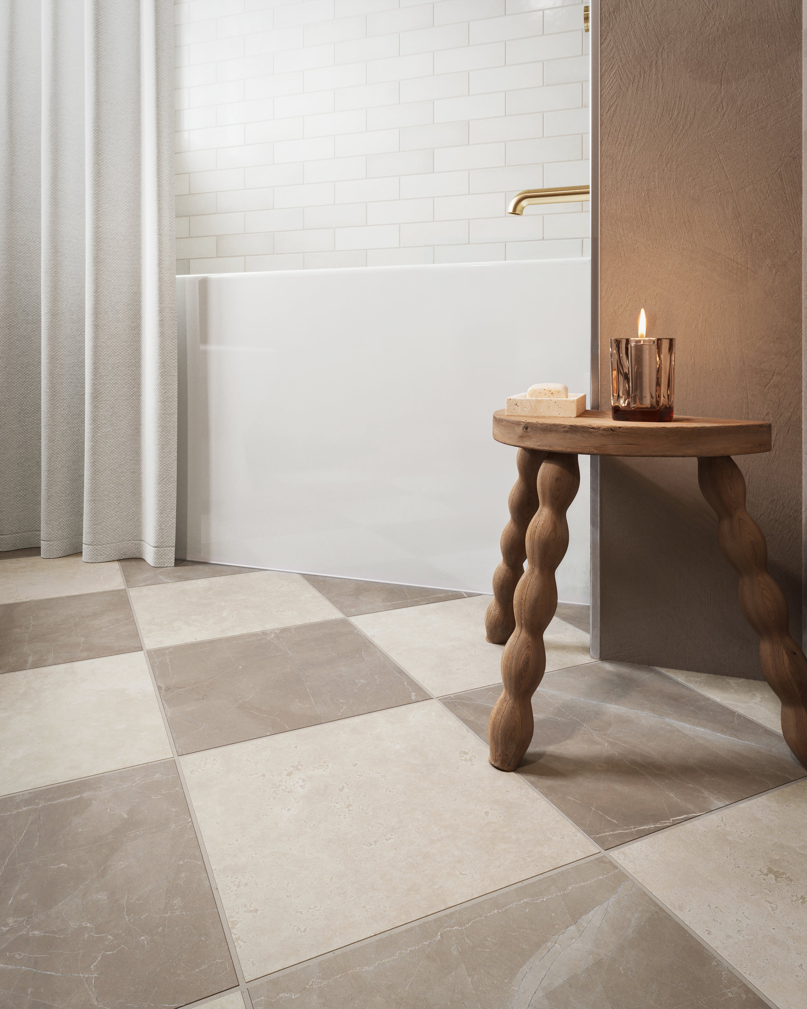 Leona 12x12 Checkerboard Matte Porcelain Tile in Marfil and Amani Bronze