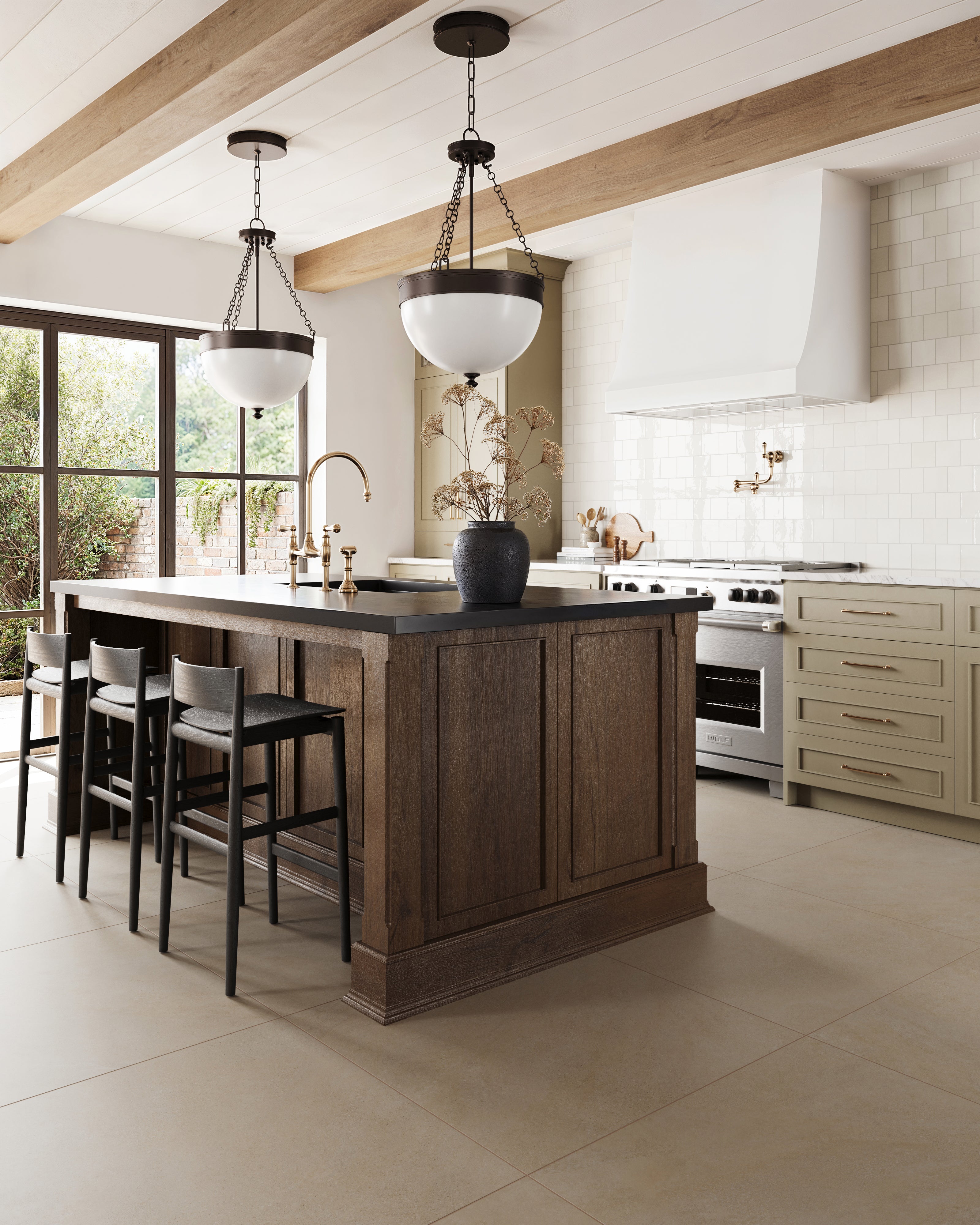 Rustic kitchen design with glossy 4x4 white square tiles as the backsplash, a large wooden island, brass fixtures, and modern lighting