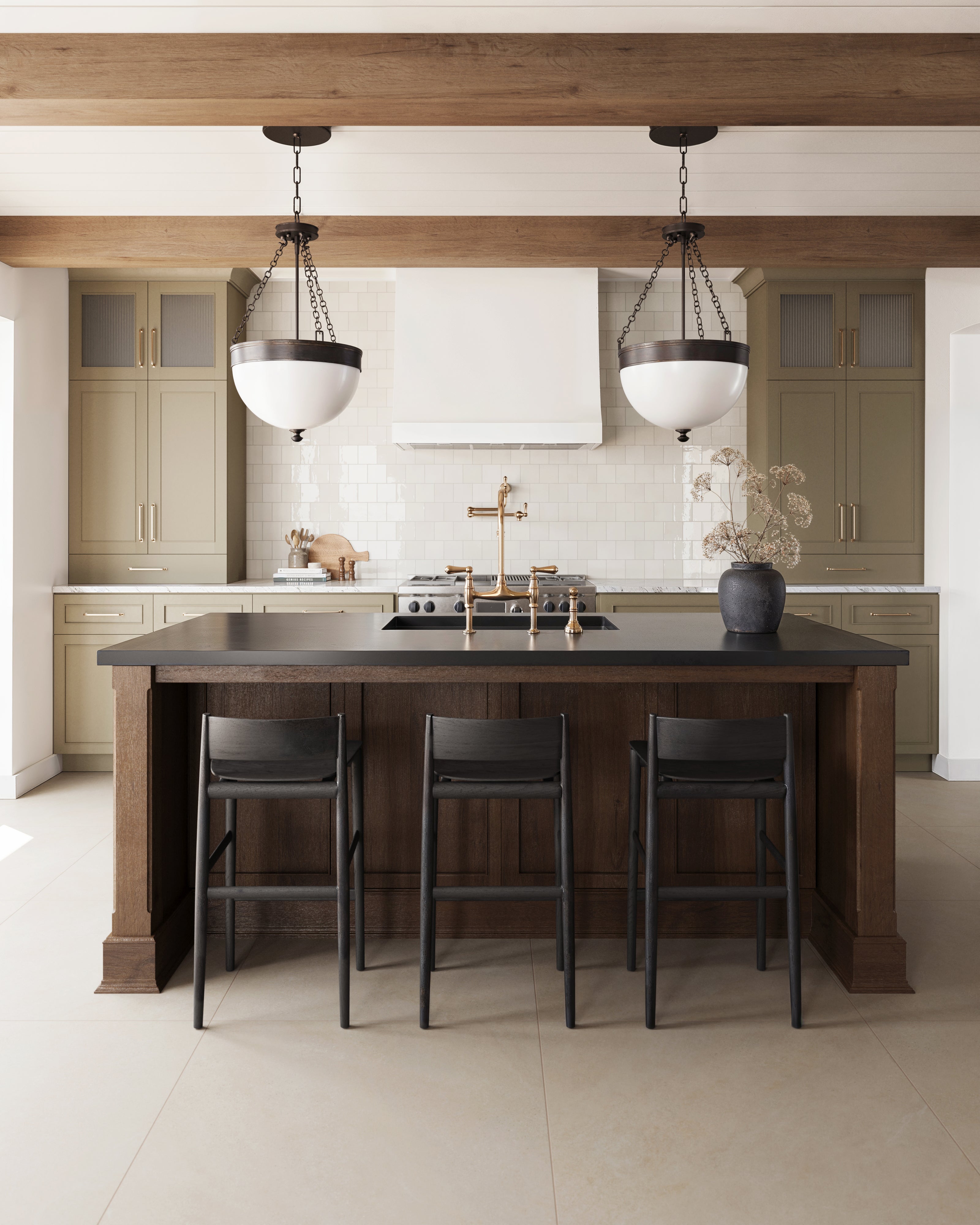 Contemporary kitchen featuring glossy 4x4 white tiles on the backsplash, a dark wood island, brass fixtures, and rustic lighting