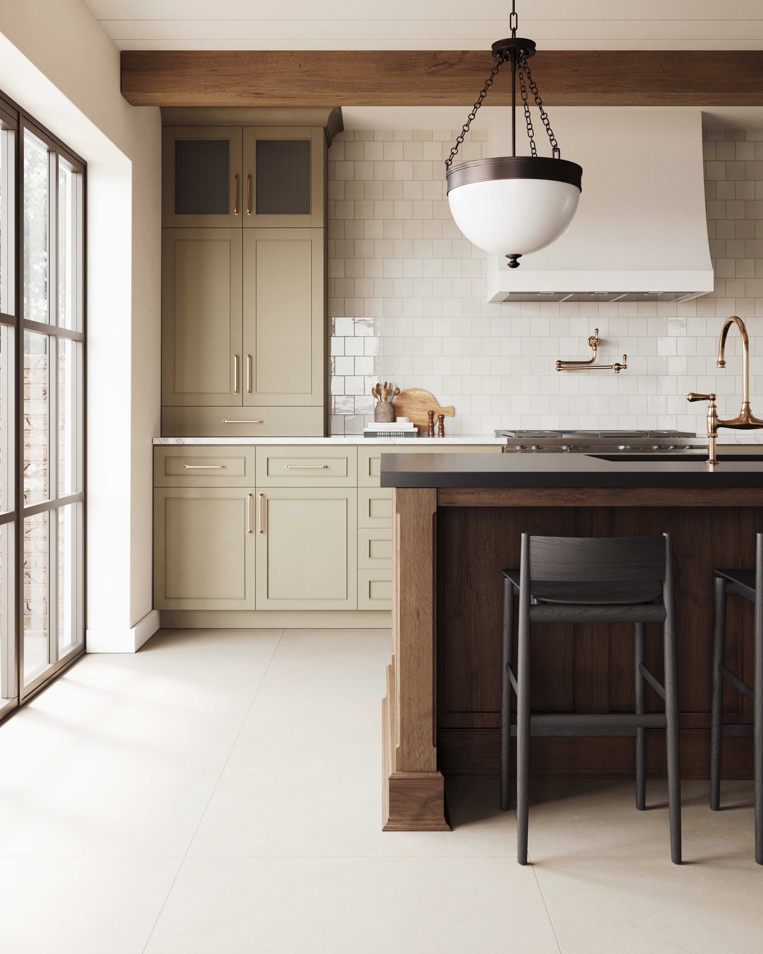 Bright kitchen with olive green cabinetry, glossy 4x4 white tiles, wooden accents, and a black island with barstools