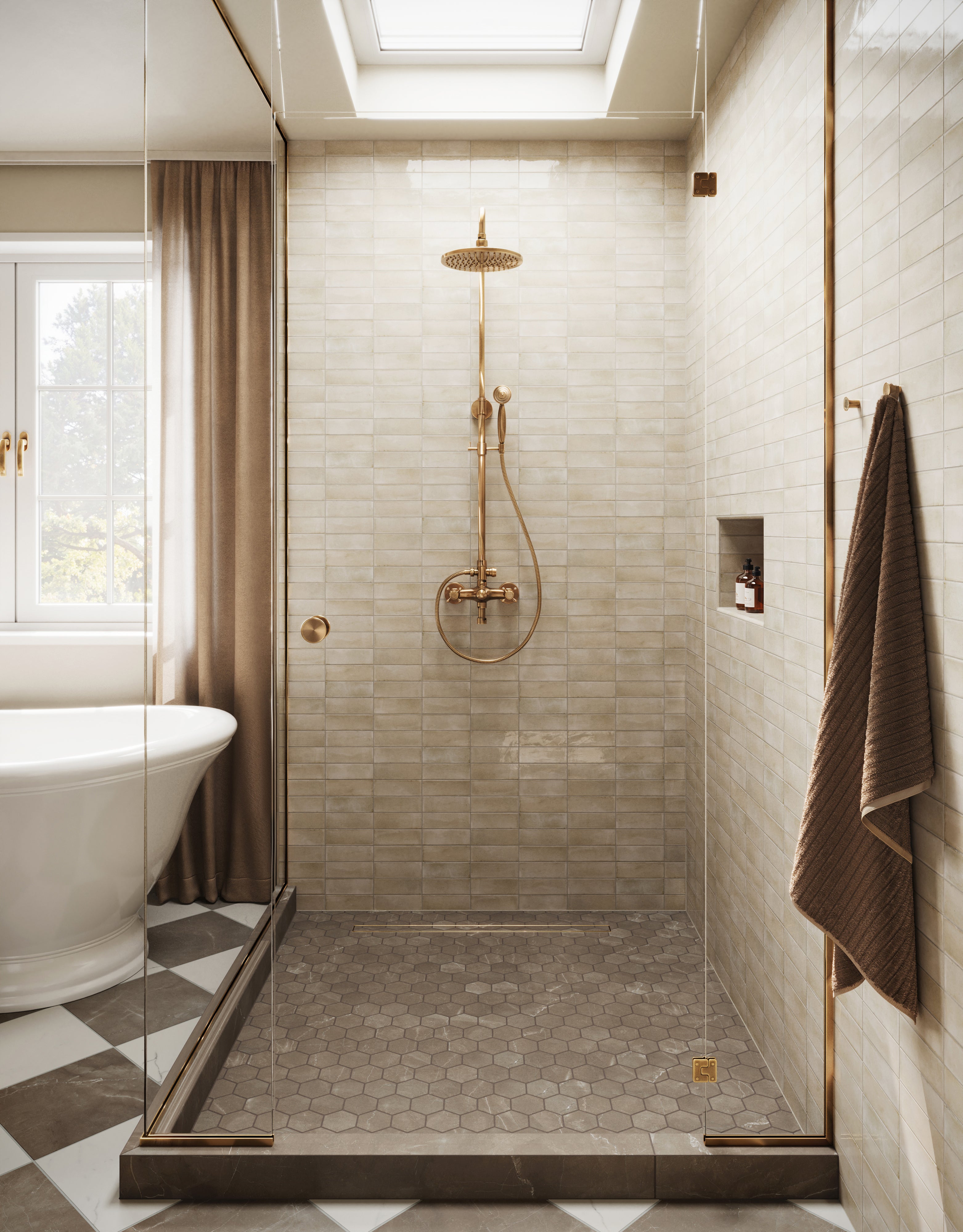 Leona Amani Bronze 3x3 hexagon mosaic matte tile is featured as the shower floor, complementing beige wall tiles and gold fixtures.